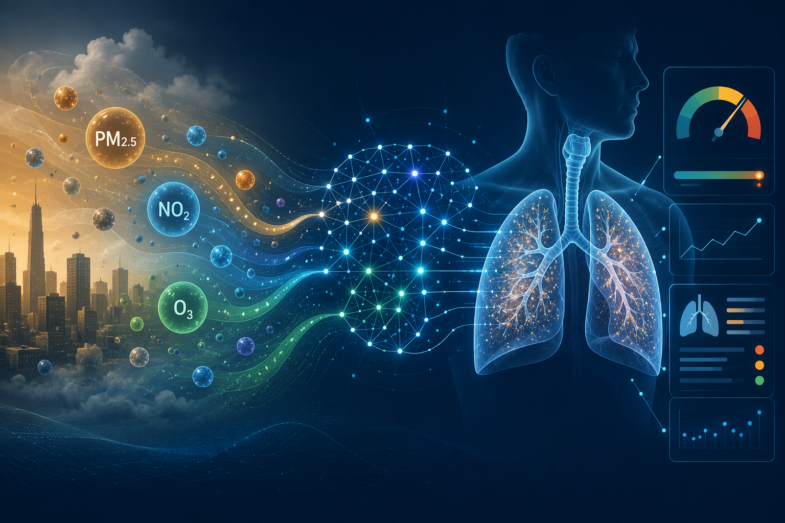 Environmental pollutant data flowing through an AI network into a respiratory risk dashboard