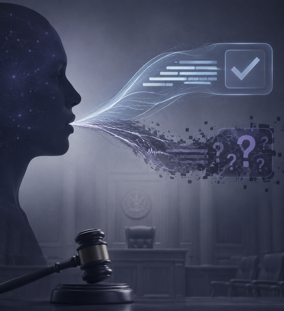 Digital speech-to-text stream splitting into clear and distorted transcripts above a courtroom bench