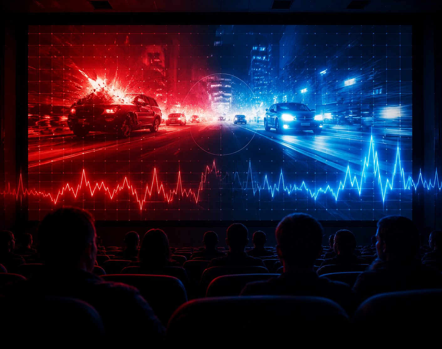 Cinema screen with red and blue flashes overlaid by digital waveform analysis for photosensitive seizure hazard detection