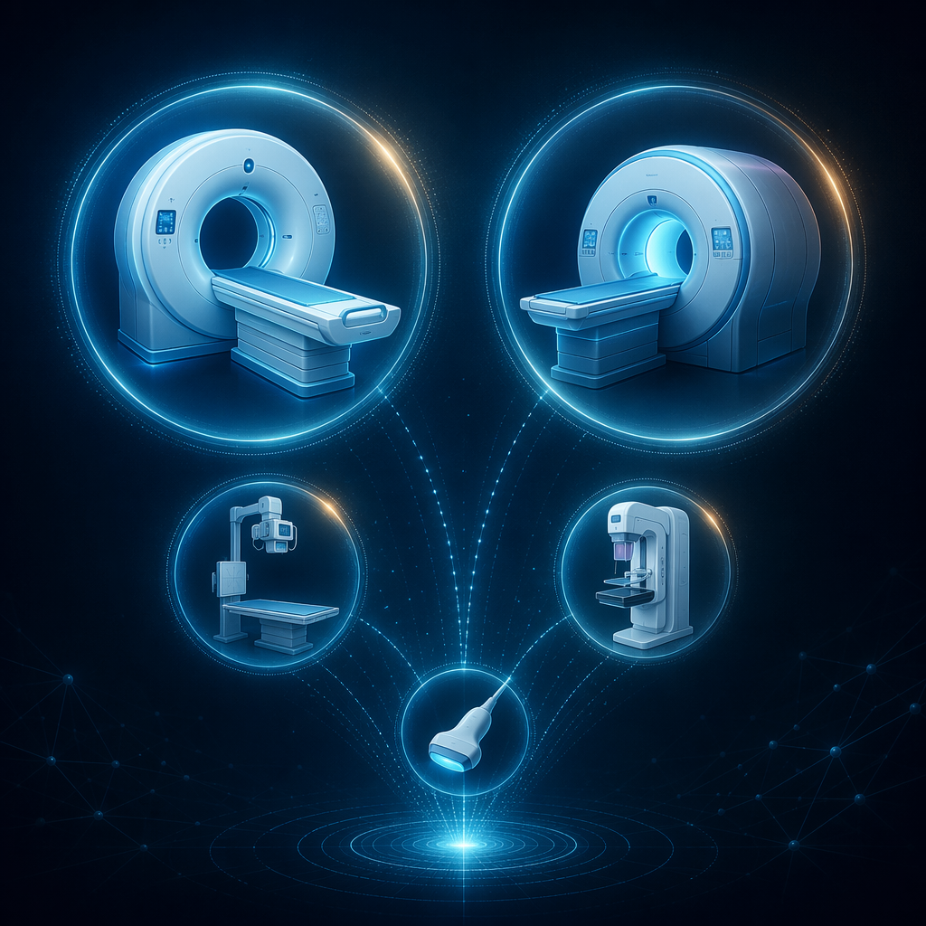 Medical imaging modality icons with CT and MRI emphasized to show AI product concentration across modalities