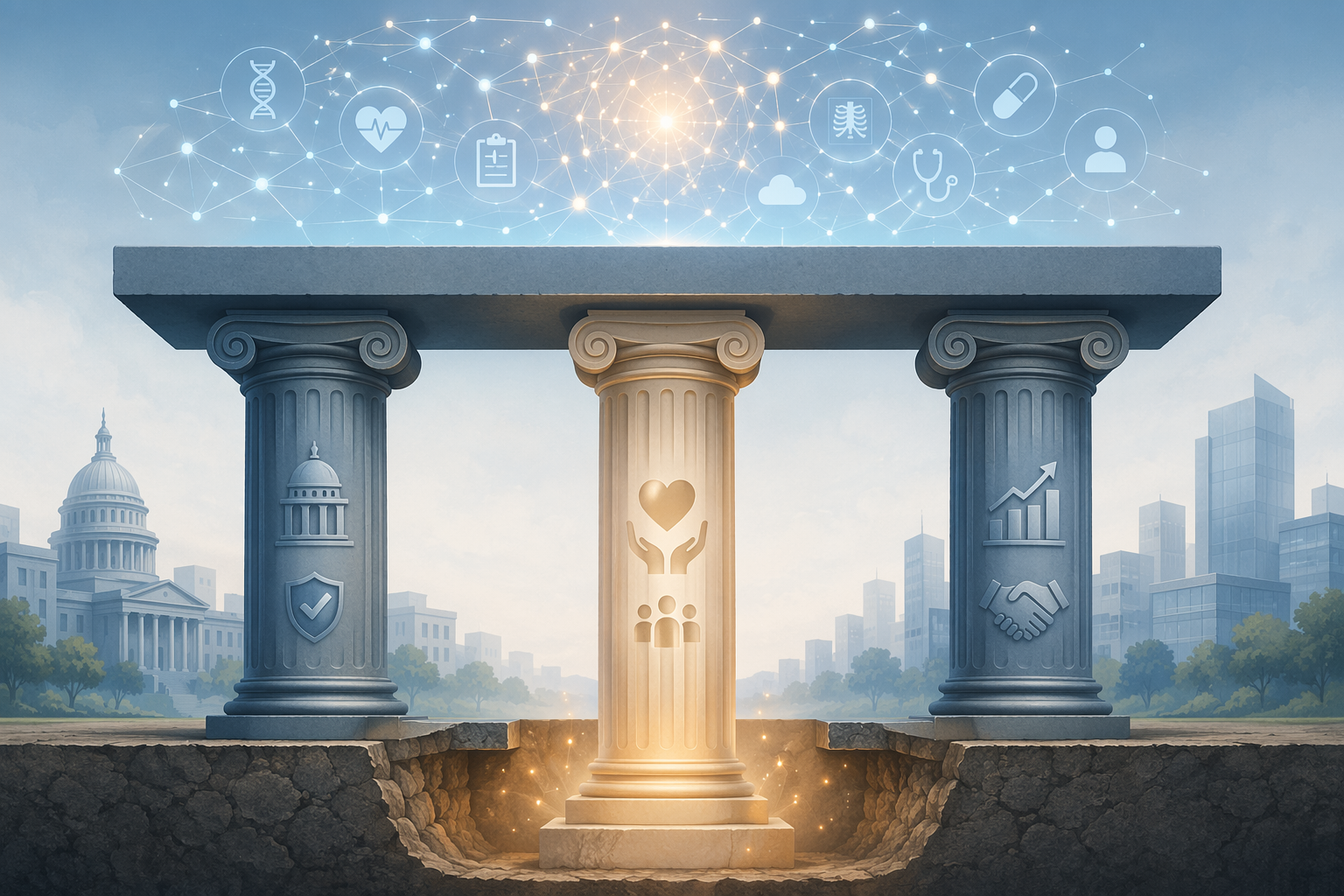 Illustration of government and venture capital funding pathways with philanthropy filling the infrastructure gap for AI healthcare data integration