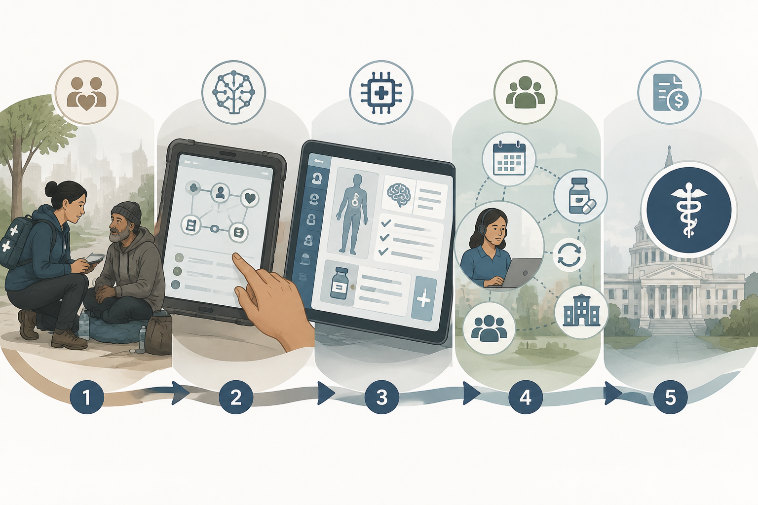 Infographic showing stages of AI-augmented street medicine from outreach to reimbursement