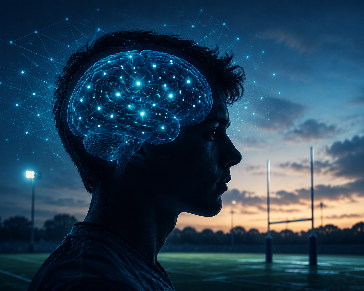 Athlete head silhouette with glowing neural network brain on a sports field
