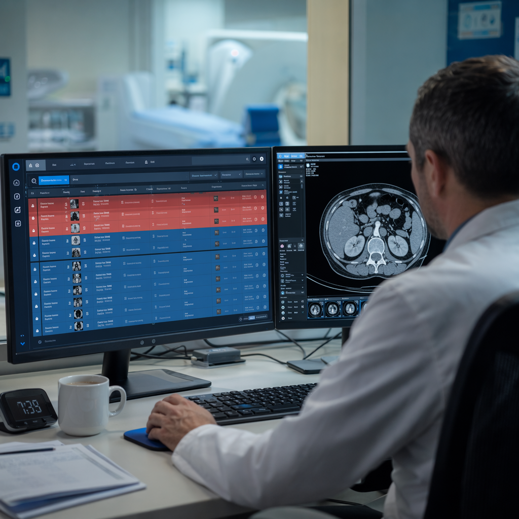 Radiology workstation showing an AI-reordered worklist with urgent cases highlighted