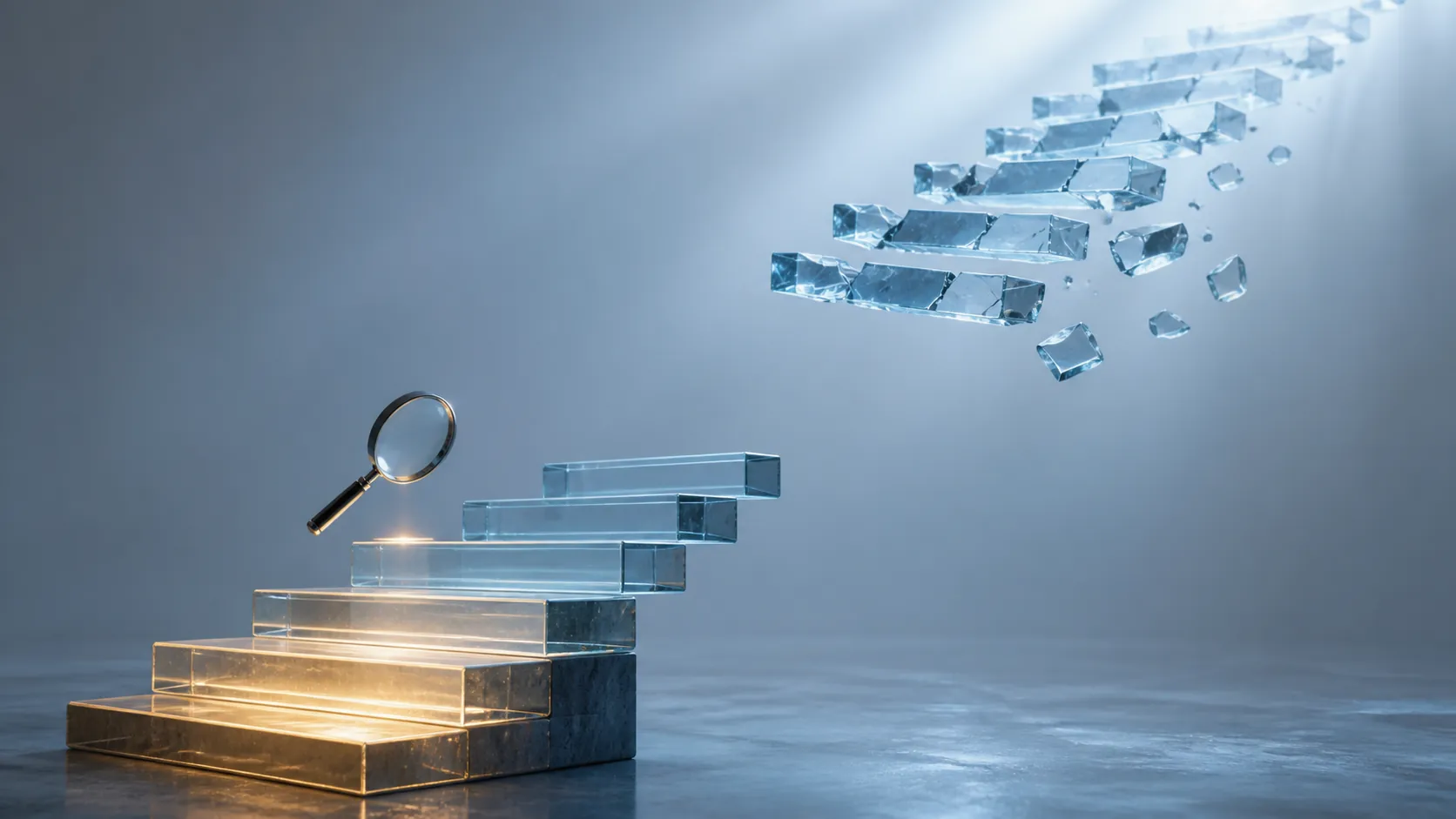 Translucent staircase with solid lower steps and fragmented upper steps above a gap