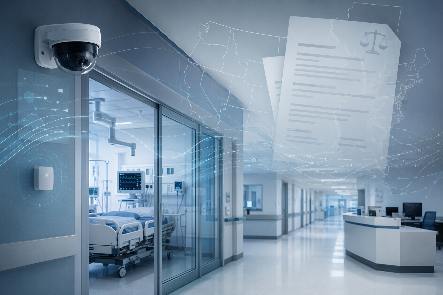 Modern hospital corridor with subtle surveillance cameras, ambient sensors, data streams, legal document shapes, and state boundary lines