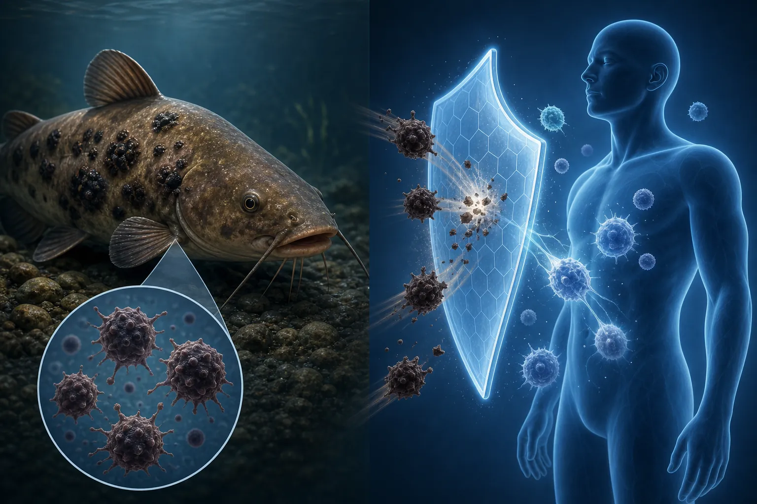 Illustration of catfish melanoma cells blocked by a human immune barrier