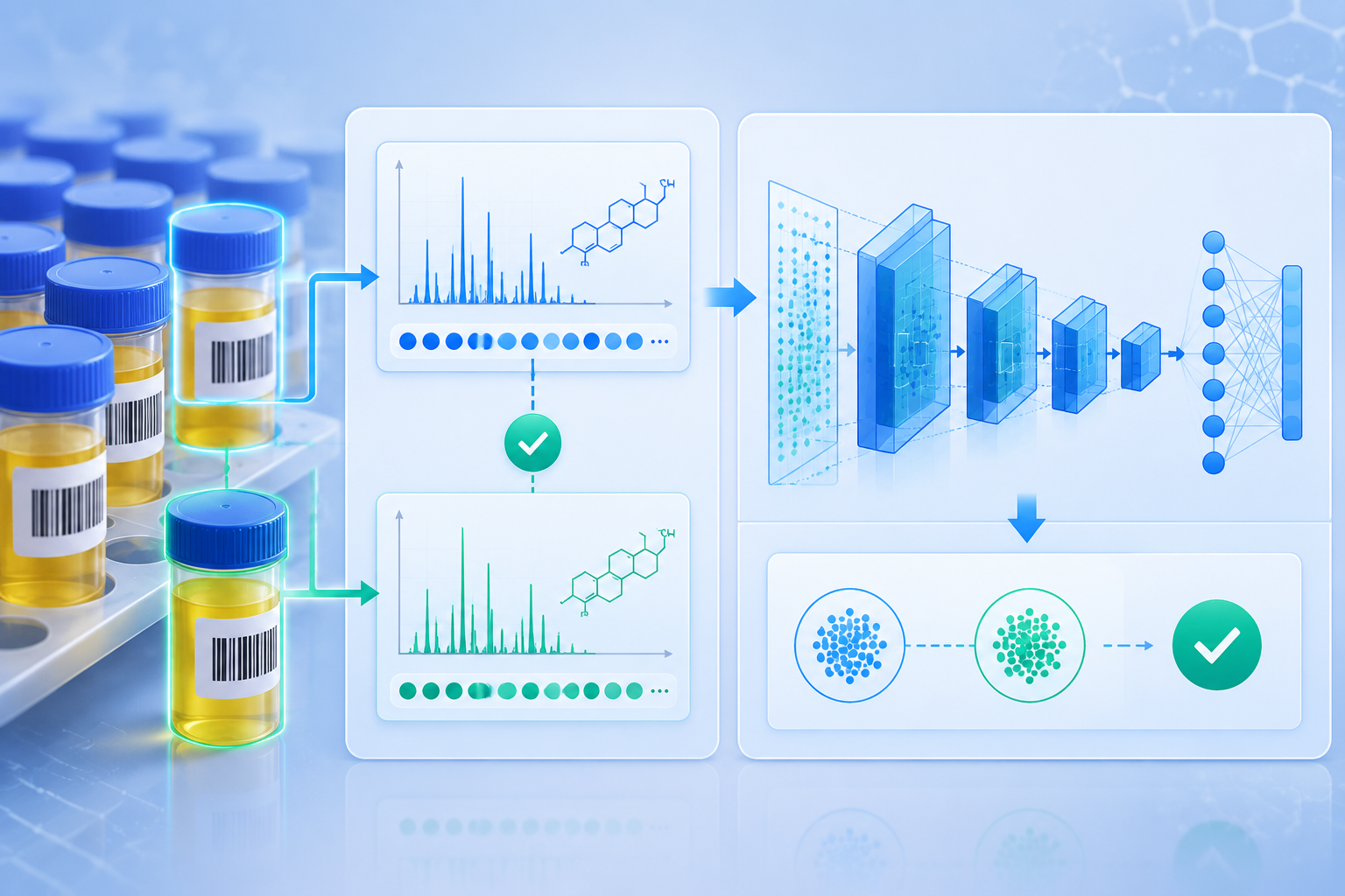 Diagram of urine vials, steroid profile similarity matching, and a convolutional neural network workflow