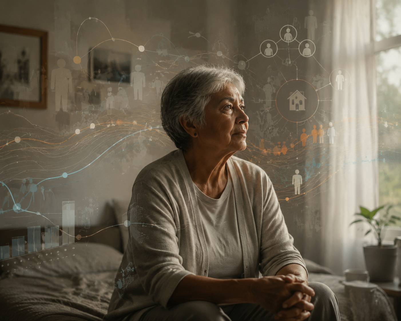 Older adult in a modest living space with subtle predictive analytics visuals