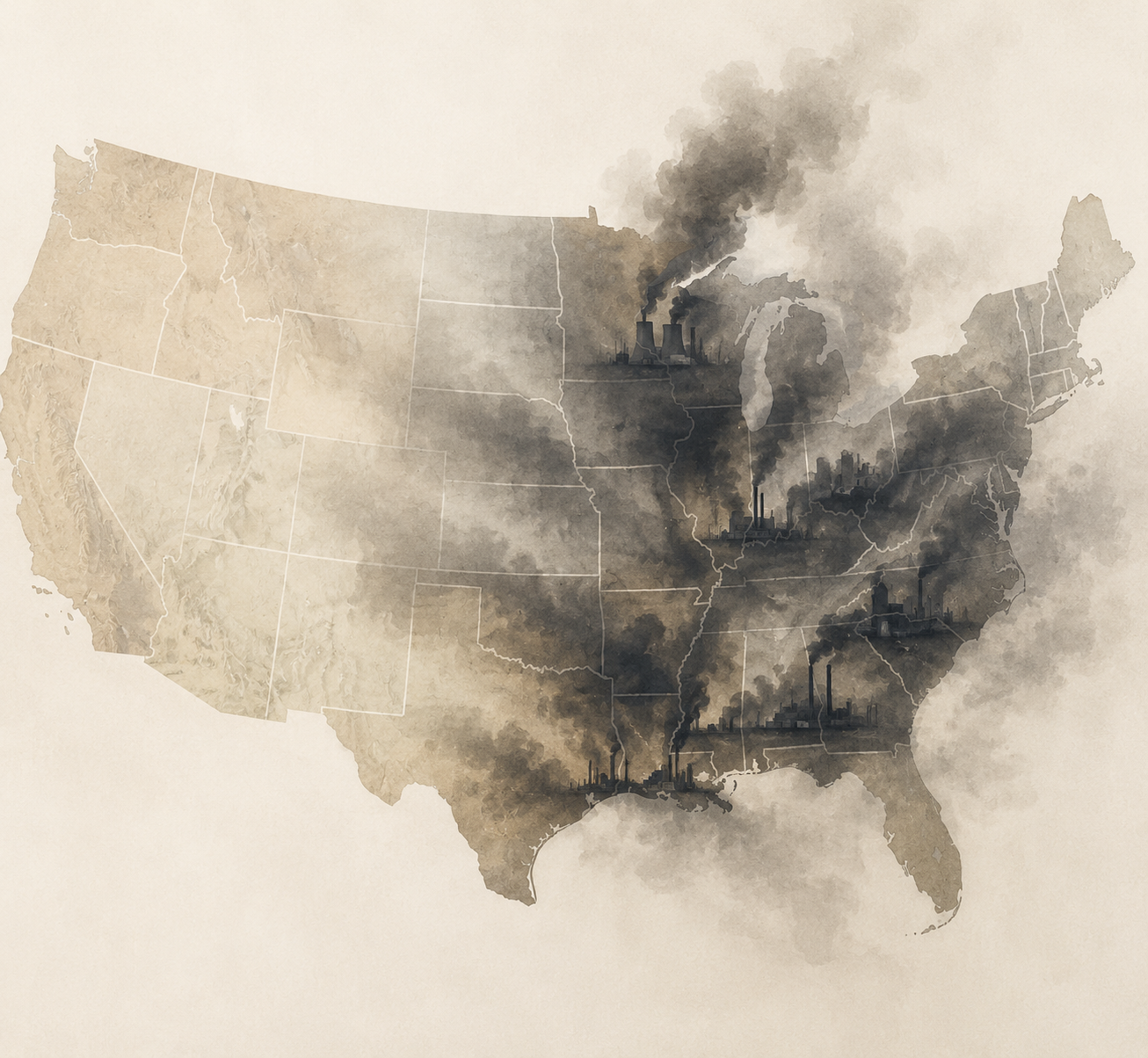 Illustration of pollution concentrated across several U.S. states and drifting eastward