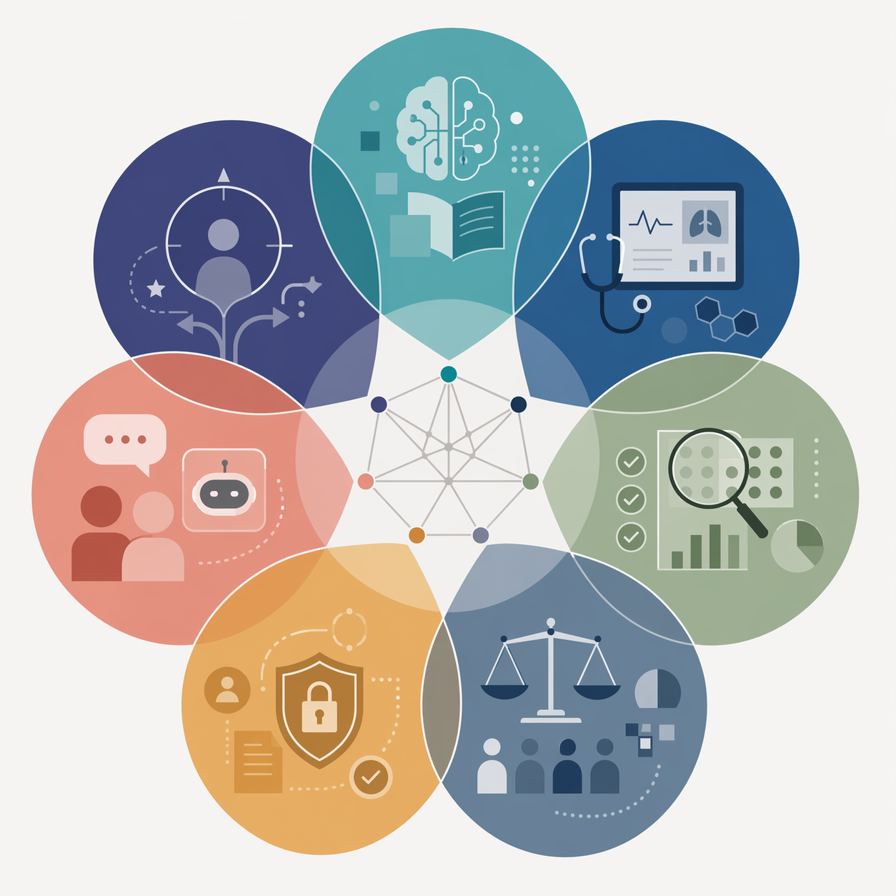 Seven interconnected AI competency domains arranged around a shared center