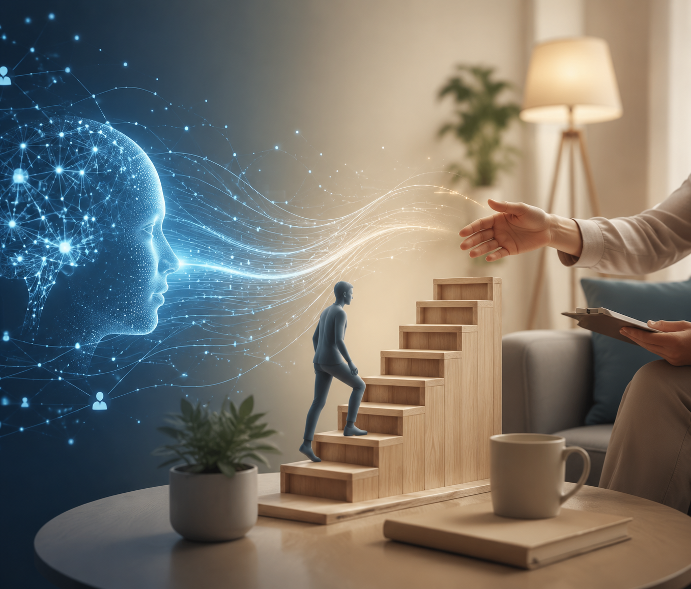 AI network beside a clinical space with a staircase-shaped exposure hierarchy and therapist hand