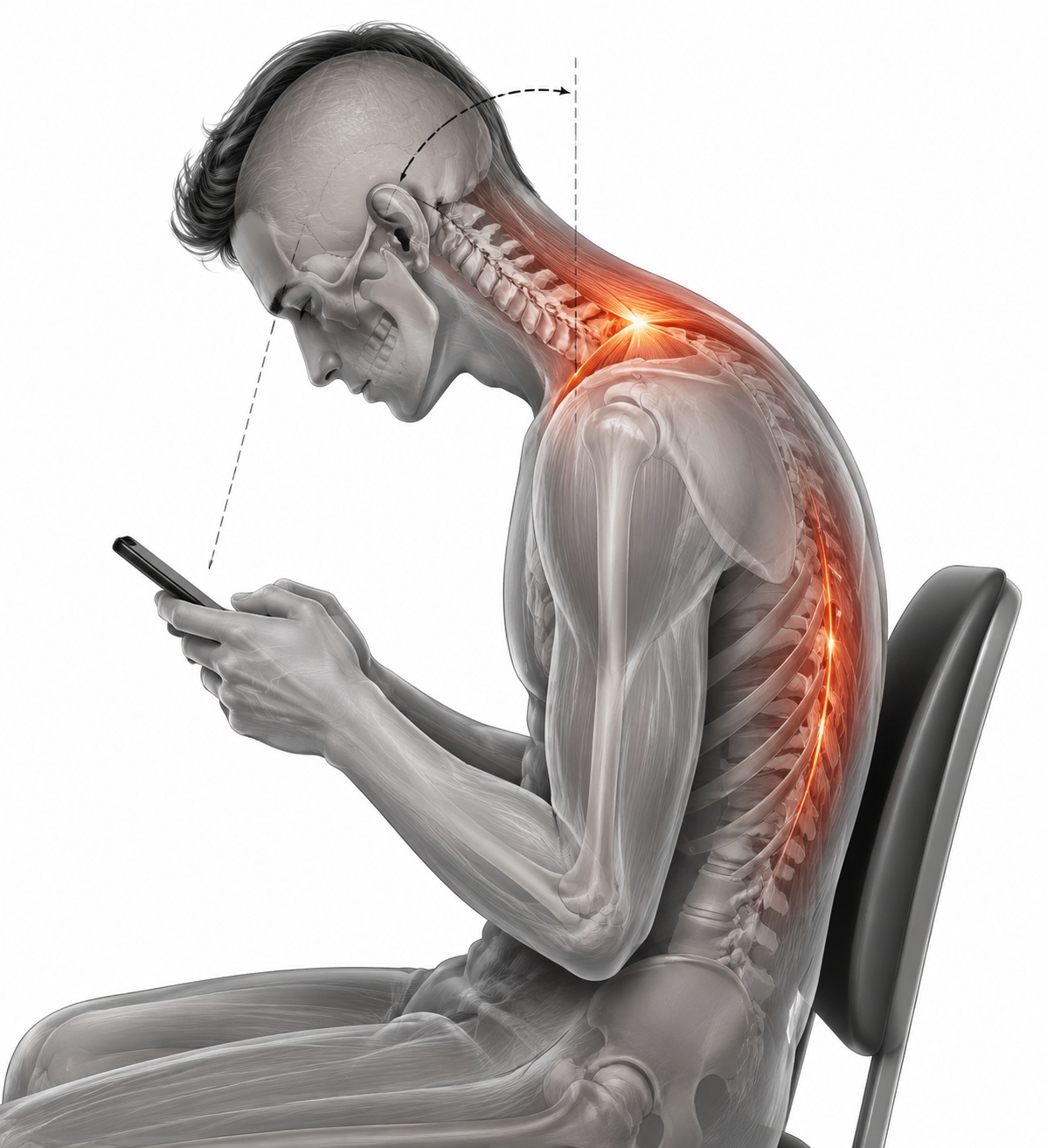 Side-profile illustration of a smartphone user with forward head shift and highlighted upper trapezius and erector spinae muscle activity