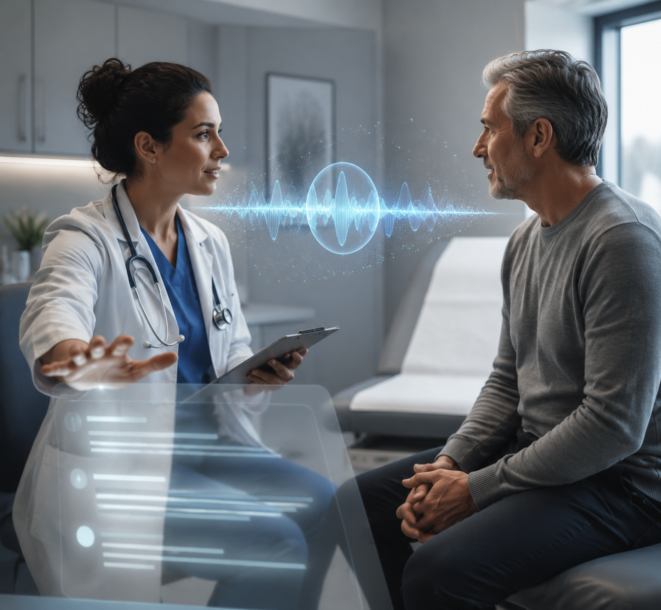 Clinician and patient in an exam room with ambient AI listening and a draft note awaiting clinician review