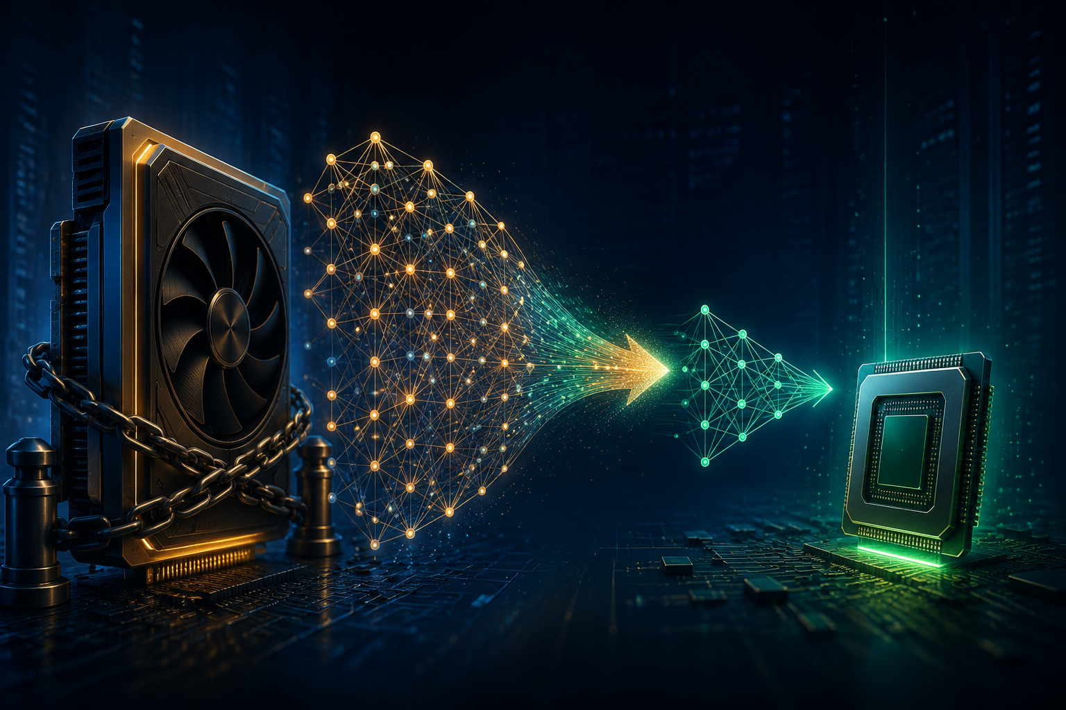 A larger restricted GPU and a smaller efficient chip connected by a compressed neural network transformation