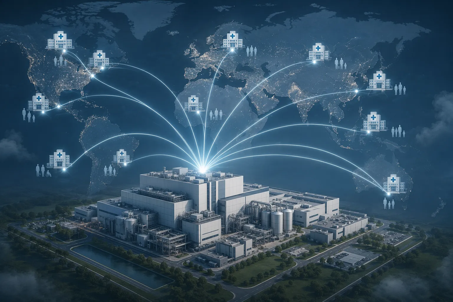 Illustration of a biopharma manufacturing campus connected to hospitals and patients across a global network