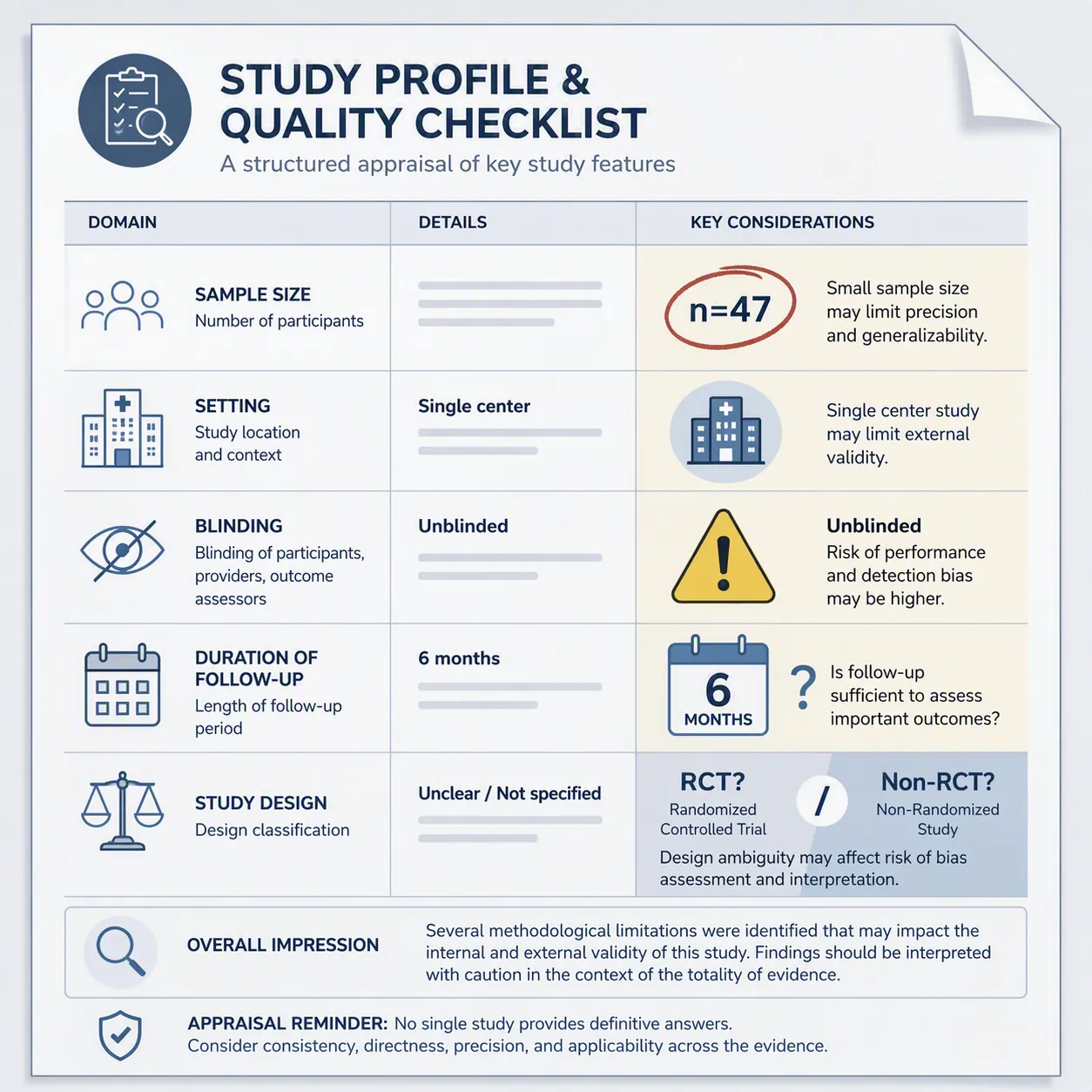 Blueprint-style study limitations showing n=47, single center, unblinded, six months, and RCT versus non-RCT ambiguity