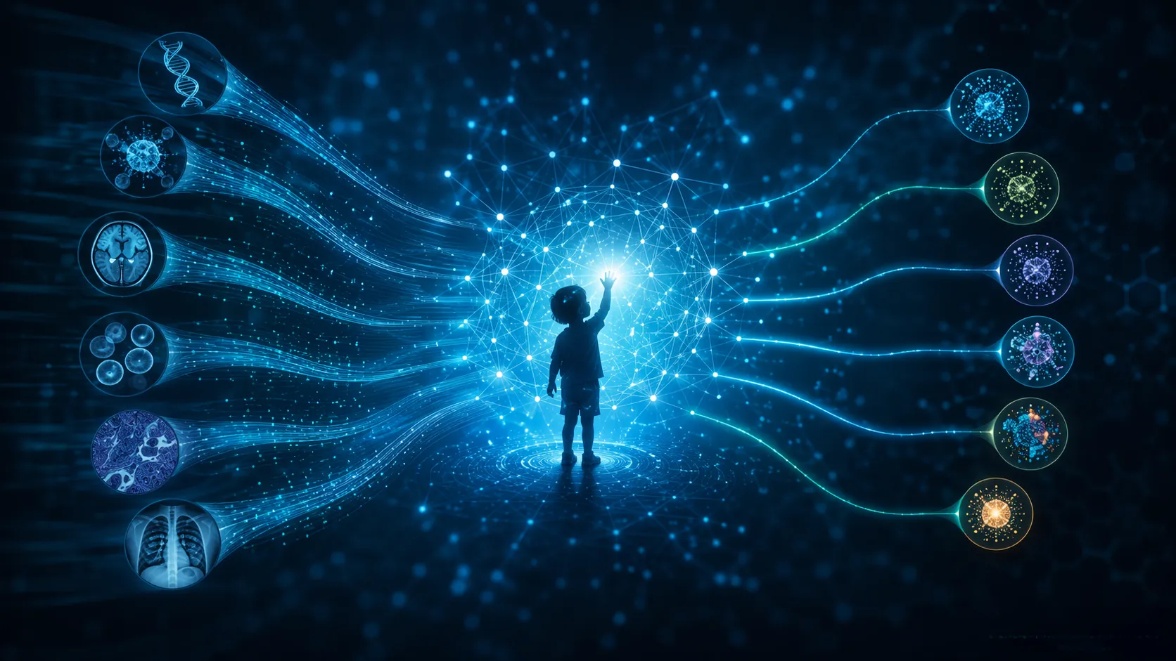 Abstract visualization of AI-powered clinical trial matching around a pediatric patient