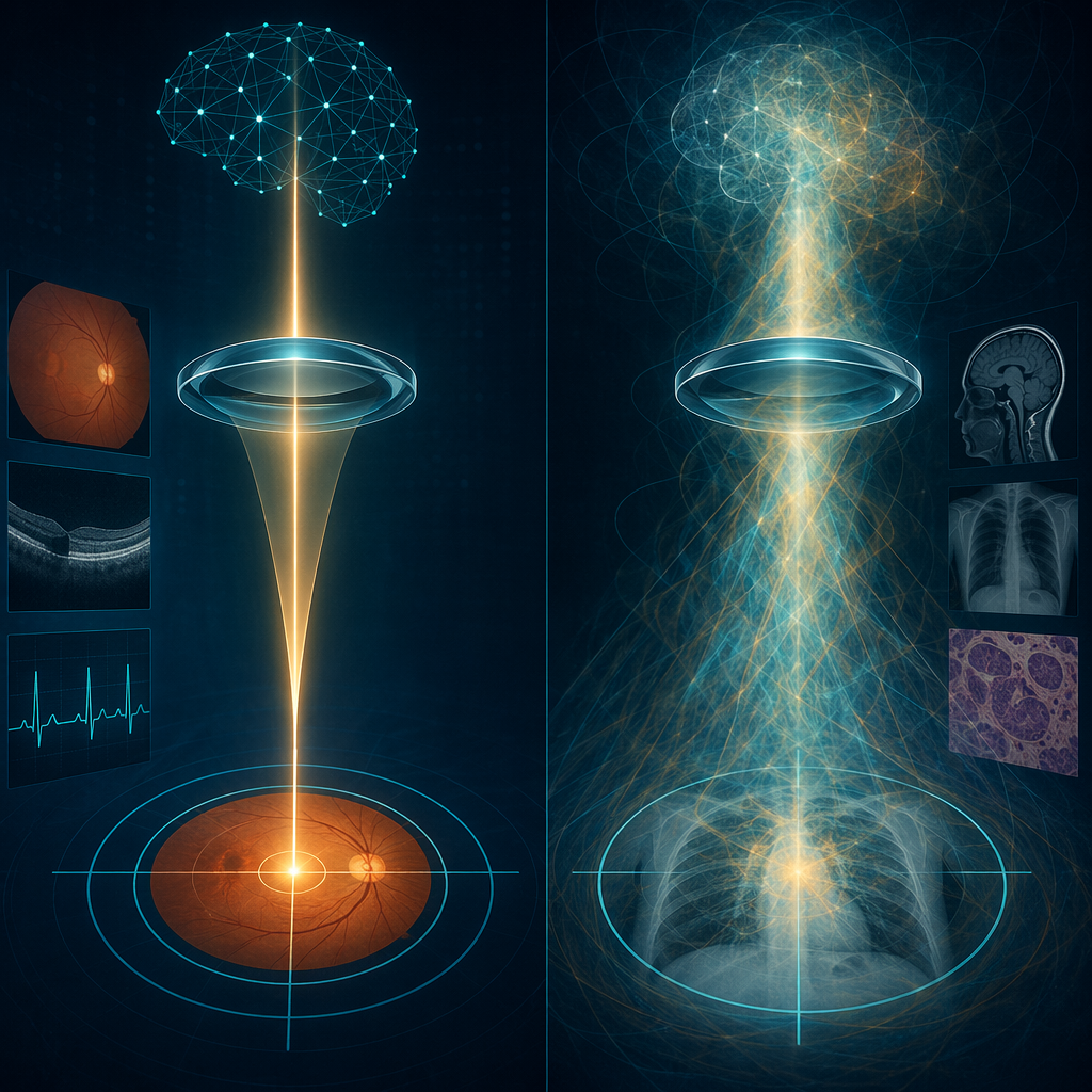 Focused beam hitting a target compared with scattered beam missing a target