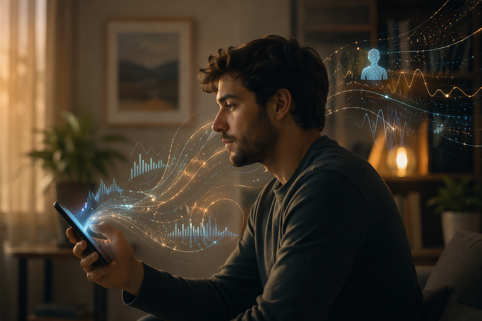 Person holding a smartphone with data streams and signal patterns suggesting AI-powered relapse risk prediction