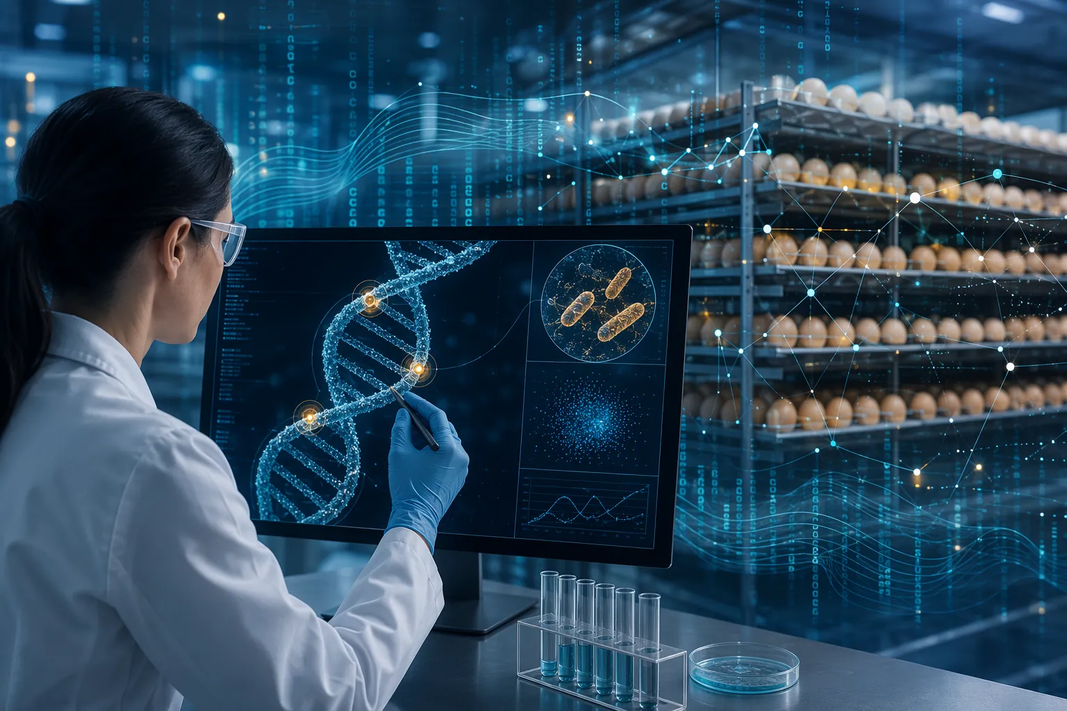 Scientist examining a holographic DNA helix with pathogen markers near egg cartons and AI network data streams