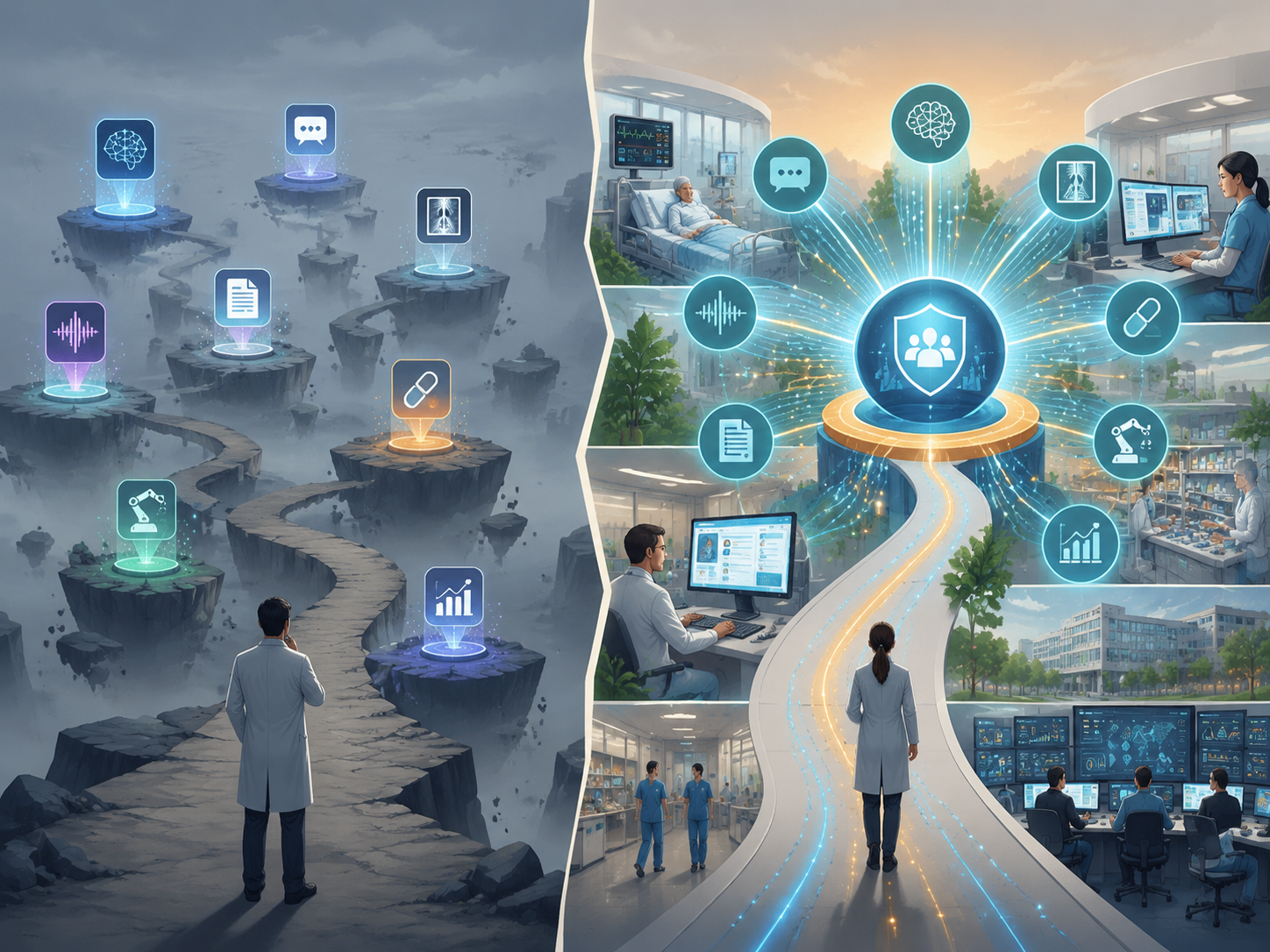 Comparison of disconnected AI pilots and an enterprise AI integration network with governance hub