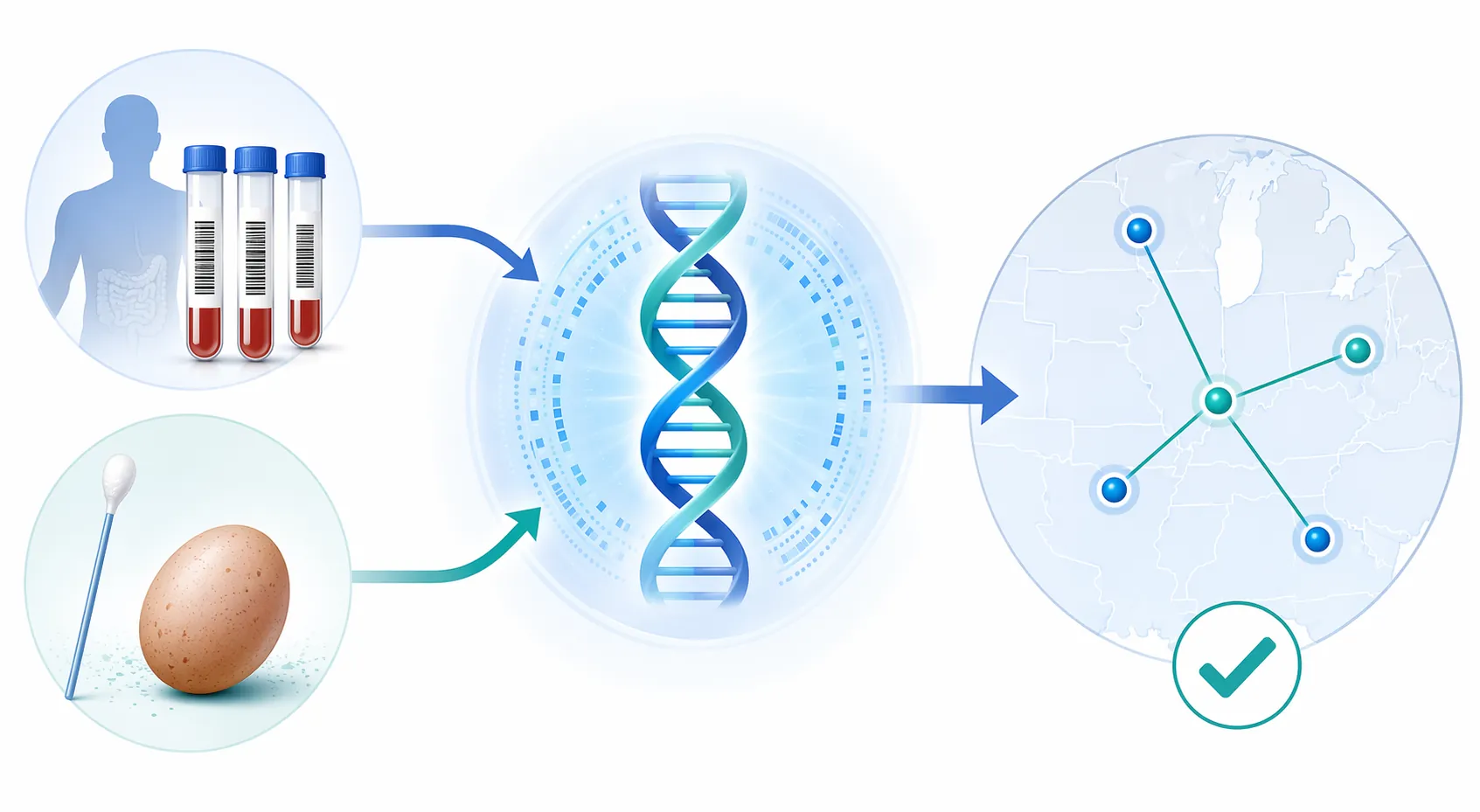 Patient sample icons and food-environmental sample icons flowing into a DNA helix with a matching result indicator