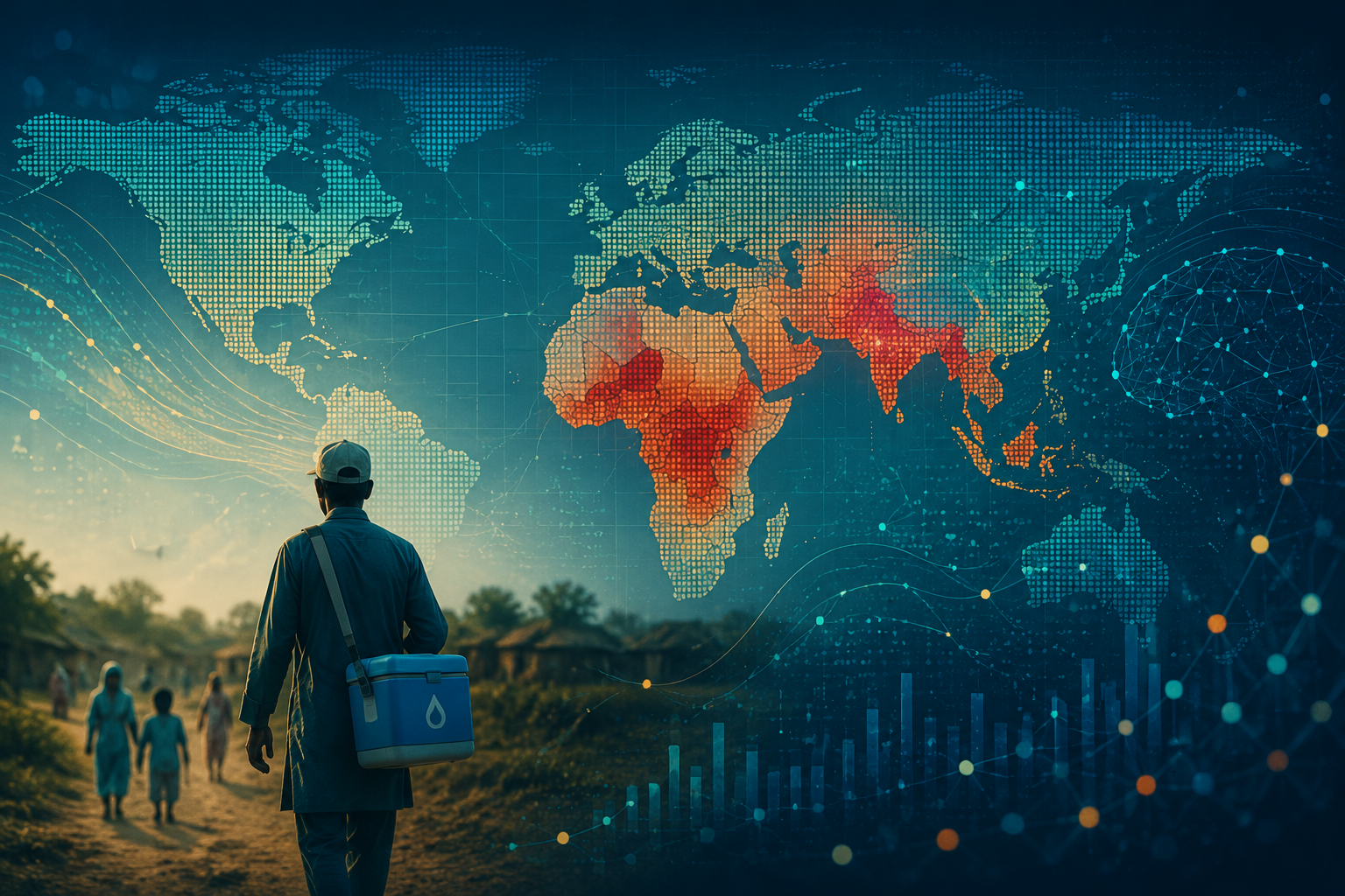 Stylized world map with data points, risk heatmap gradients, and a health worker carrying vaccine carriers