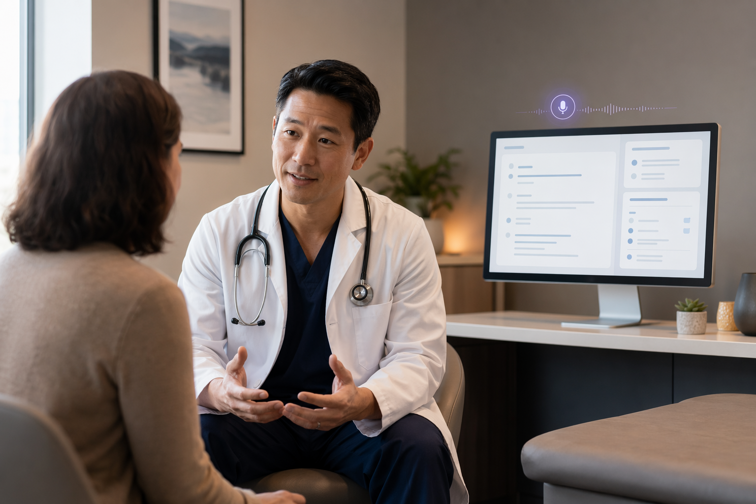 Physician speaking with a patient while ambient documentation software populates structured clinical note fields