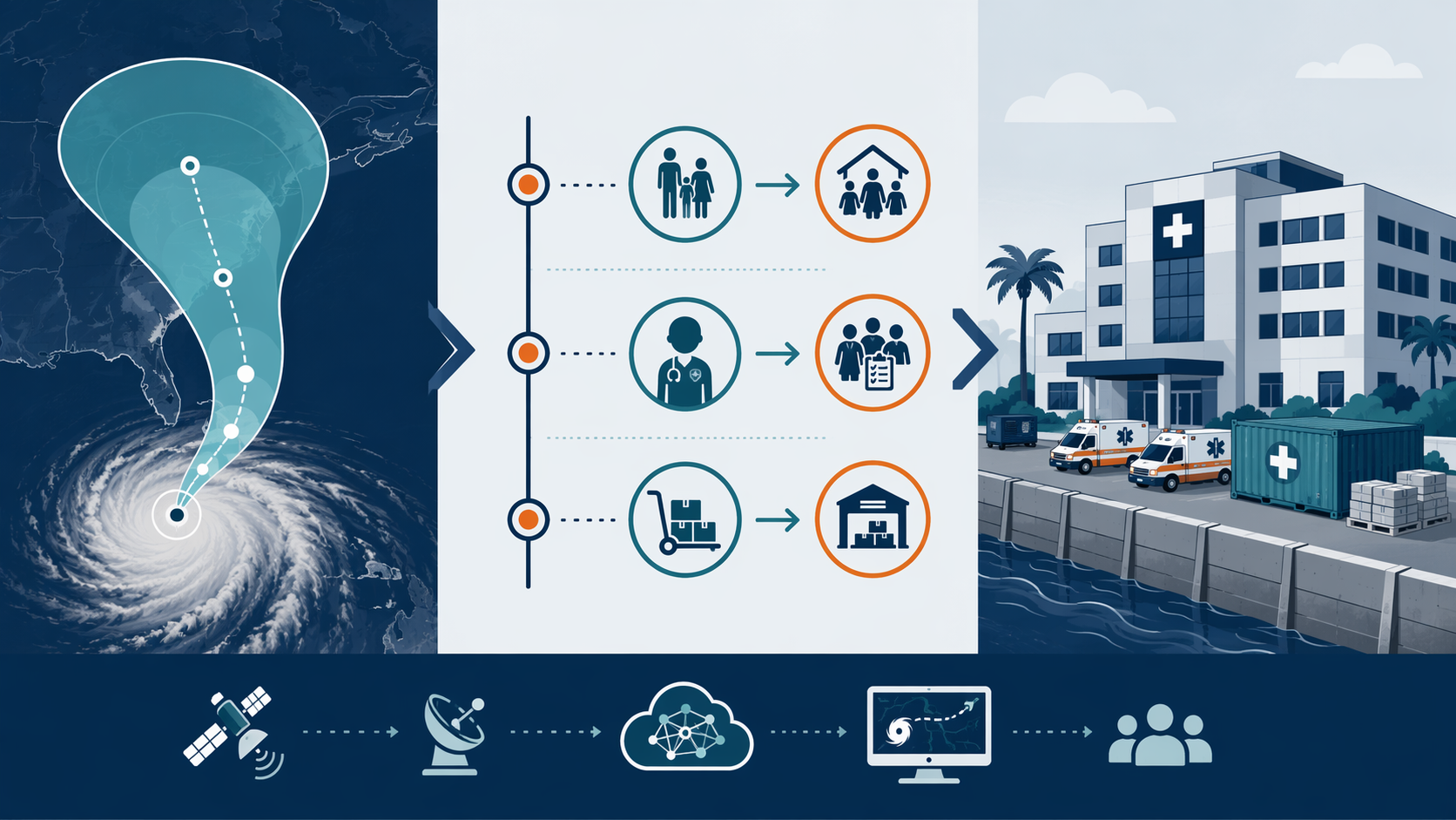 Workflow showing a narrowing hurricane cone moving through evacuation, staffing, and supply staging thresholds toward a protected hospital