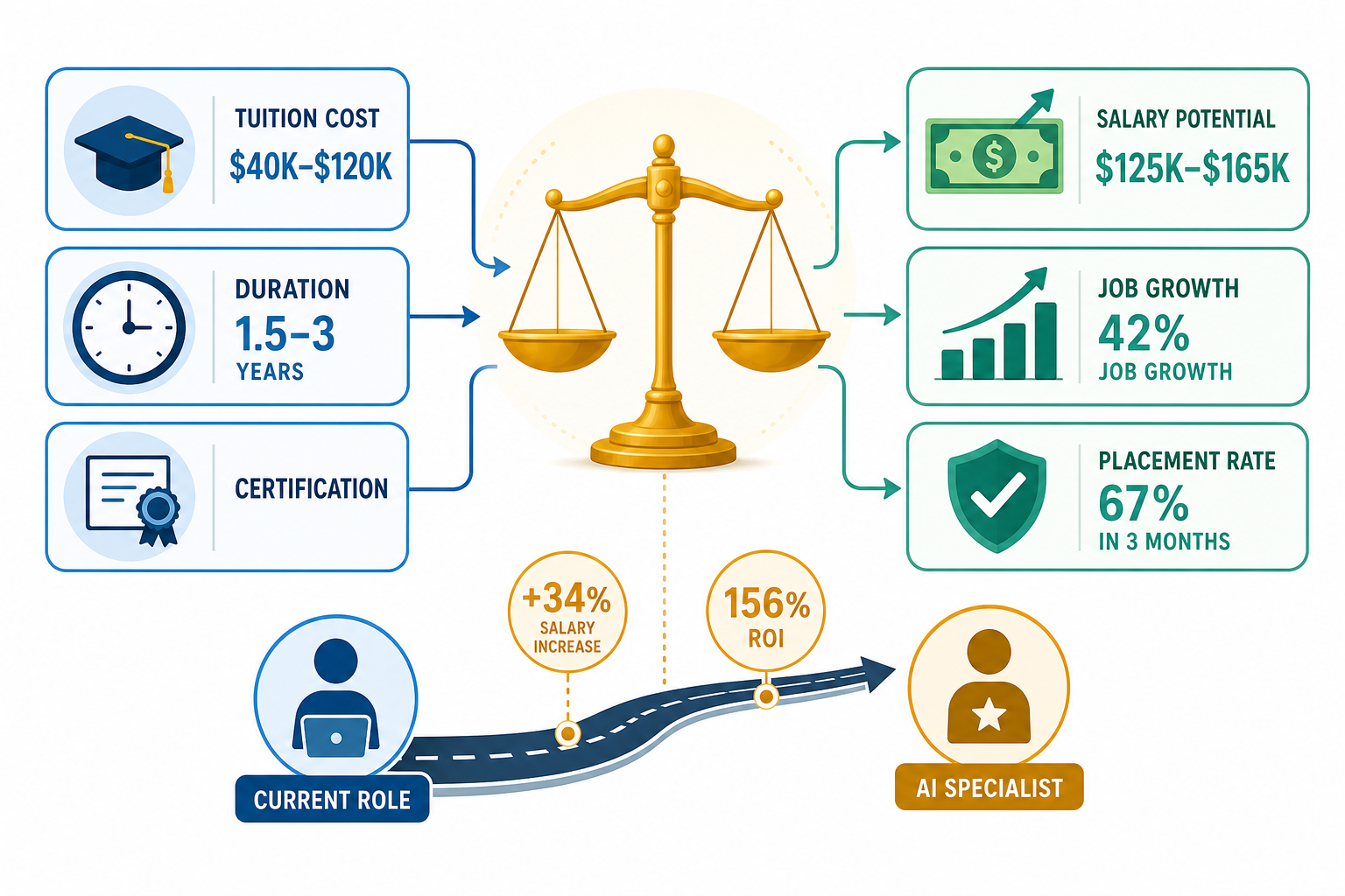 A flat vector decision framework infographic with three input icons on the left (graduation cap labeled $40K-$120K, clock labeled 1.5-3 years, certification badge), arrows flowing to a central golden balance scale, and three output icons on the right (dollar bill with upward arrow labeled $125K-$165K, rising bar graph labeled 42% growth, checkmark badge labeled 67% placement). Below, a curved pathway connects a 'current role' icon to a higher 'AI specialist' icon with +34% and 156% ROI callouts in blue-teal and warm-amber colors.