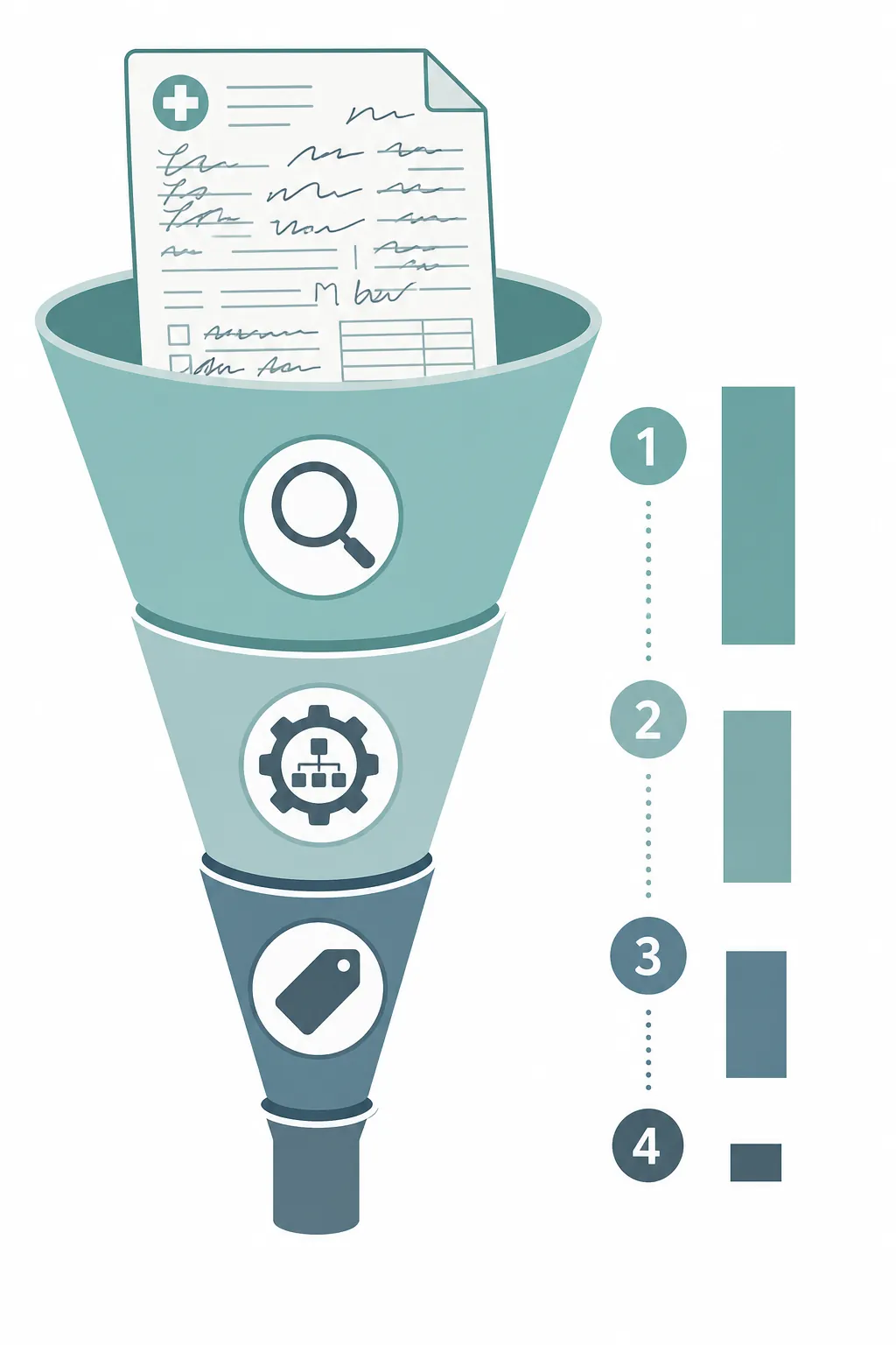 Funnel diagram showing a death certificate being narrowed through review, classification, and code assignment stages
