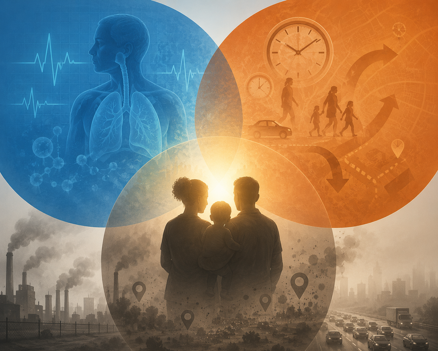 Clinical, behavioral, and environmental risk layers converging over a patient silhouette