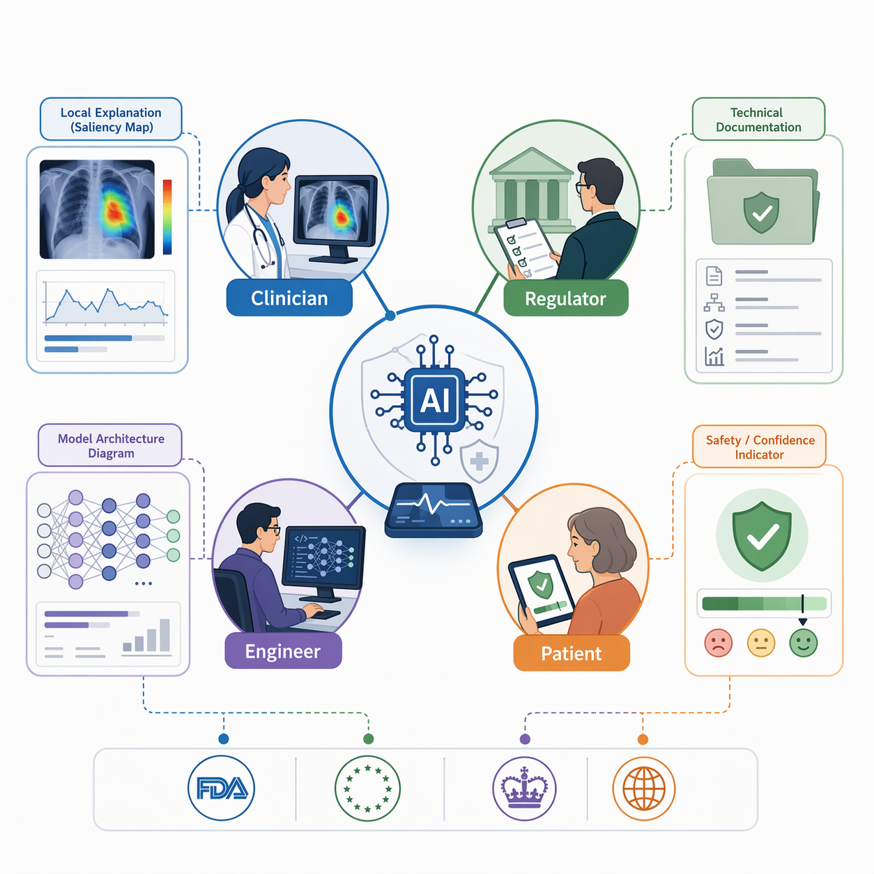 AI medical device symbol connected to clinician, regulator, engineer, and patient audiences with different explanation artifacts
