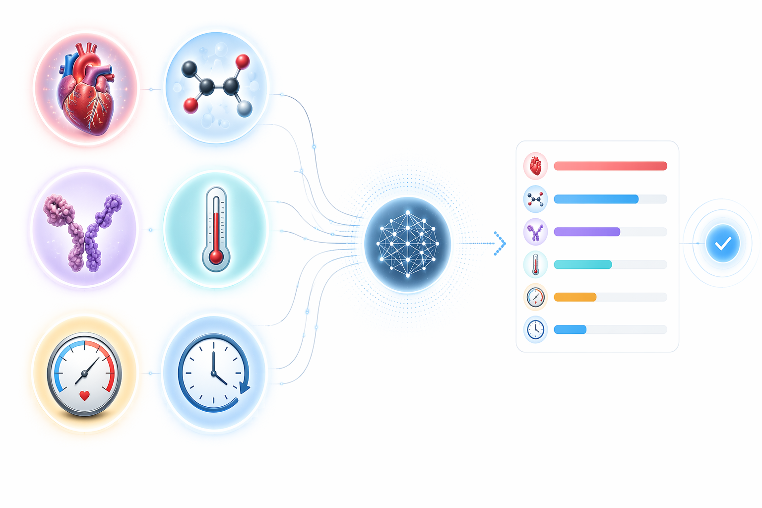 Six biomarker icons connected to a machine learning heatstroke prediction node