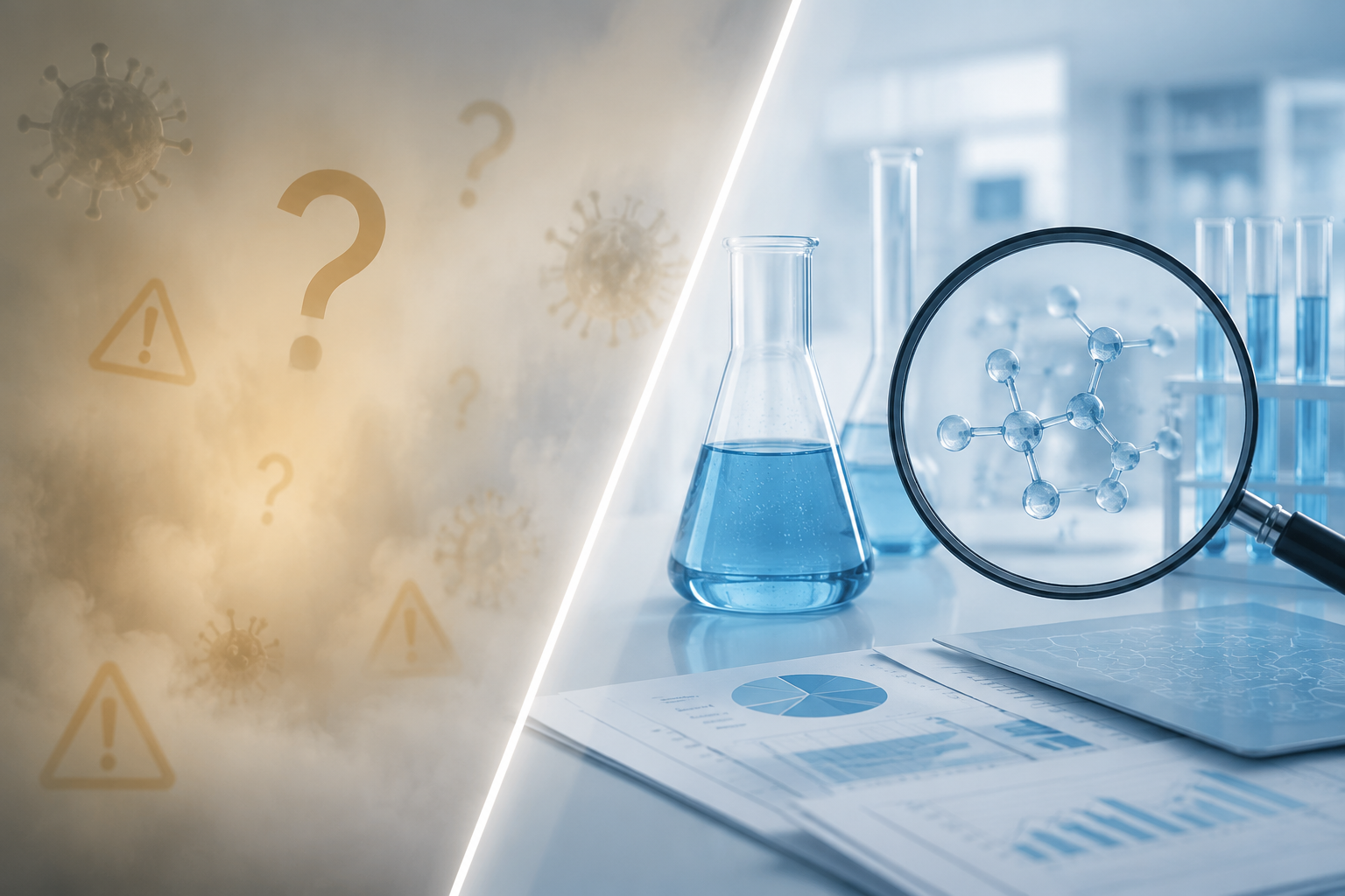 Contrast between disinfection myths and scientific evidence using warning symbols, laboratory glassware, chart documents, and molecular structures