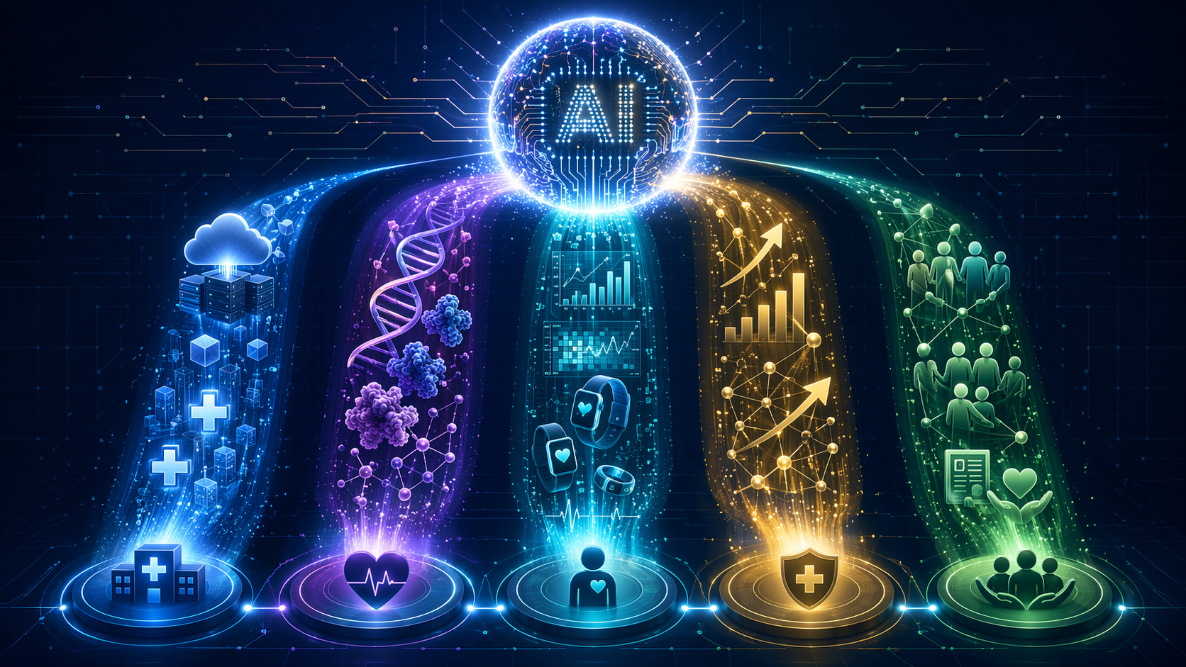 Five healthcare AI investment channels flowing from Alphabet AI capital expenditure to healthcare outcomes
