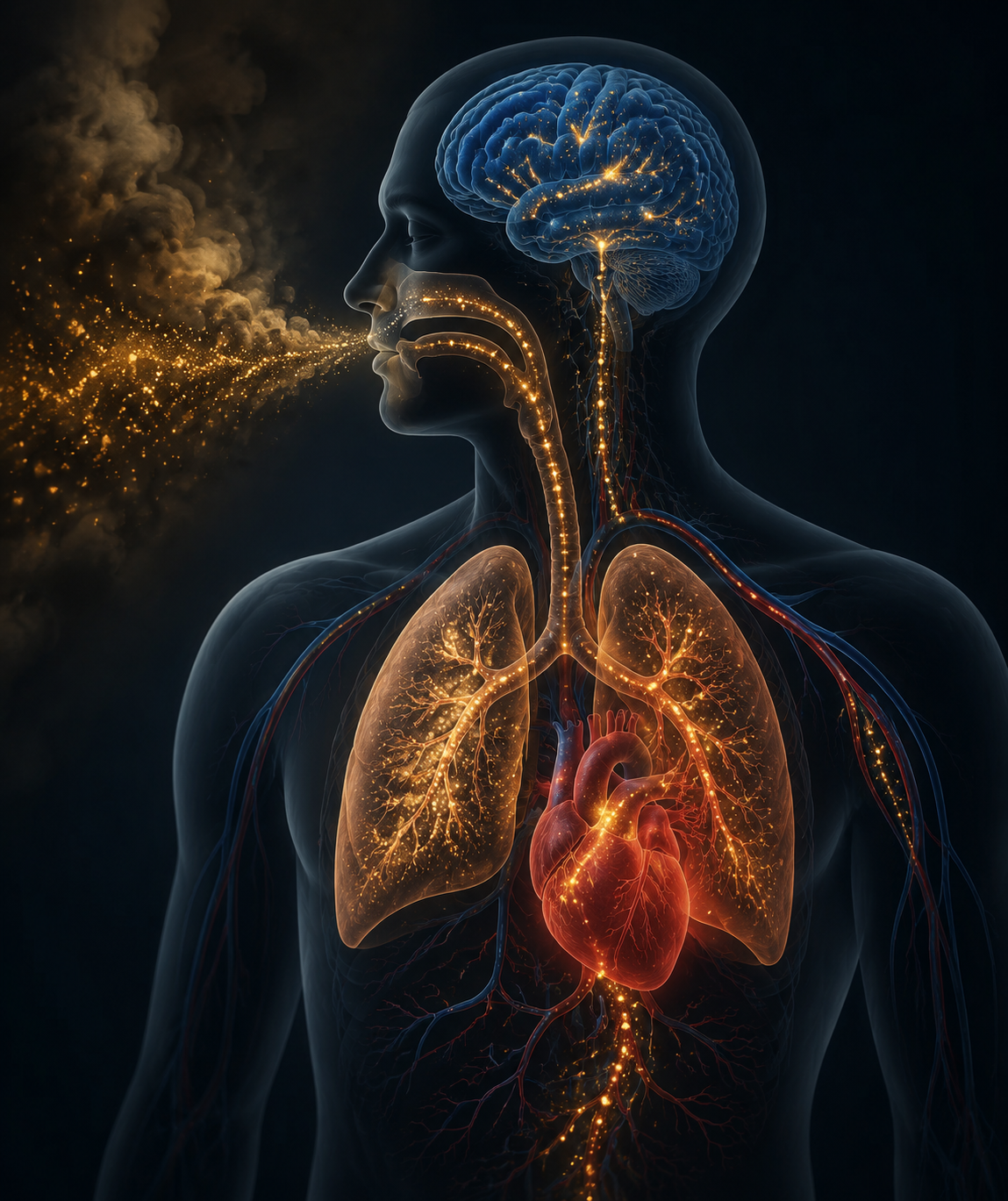 Medical illustration of wildfire smoke particles entering the airway and affecting the lungs, heart, and brain