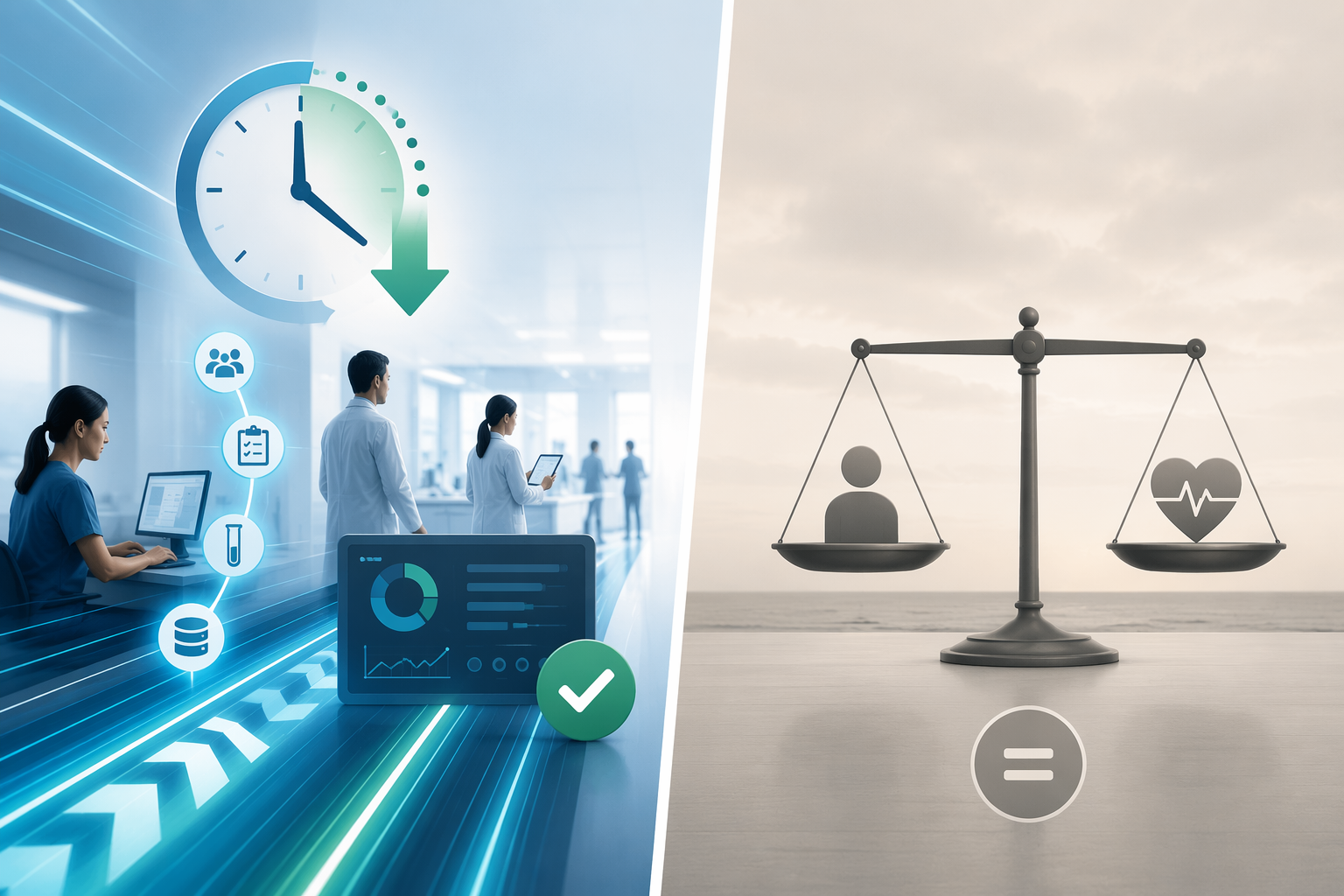 Comparison visual showing improved clinical workflow time but unchanged functional outcome balance