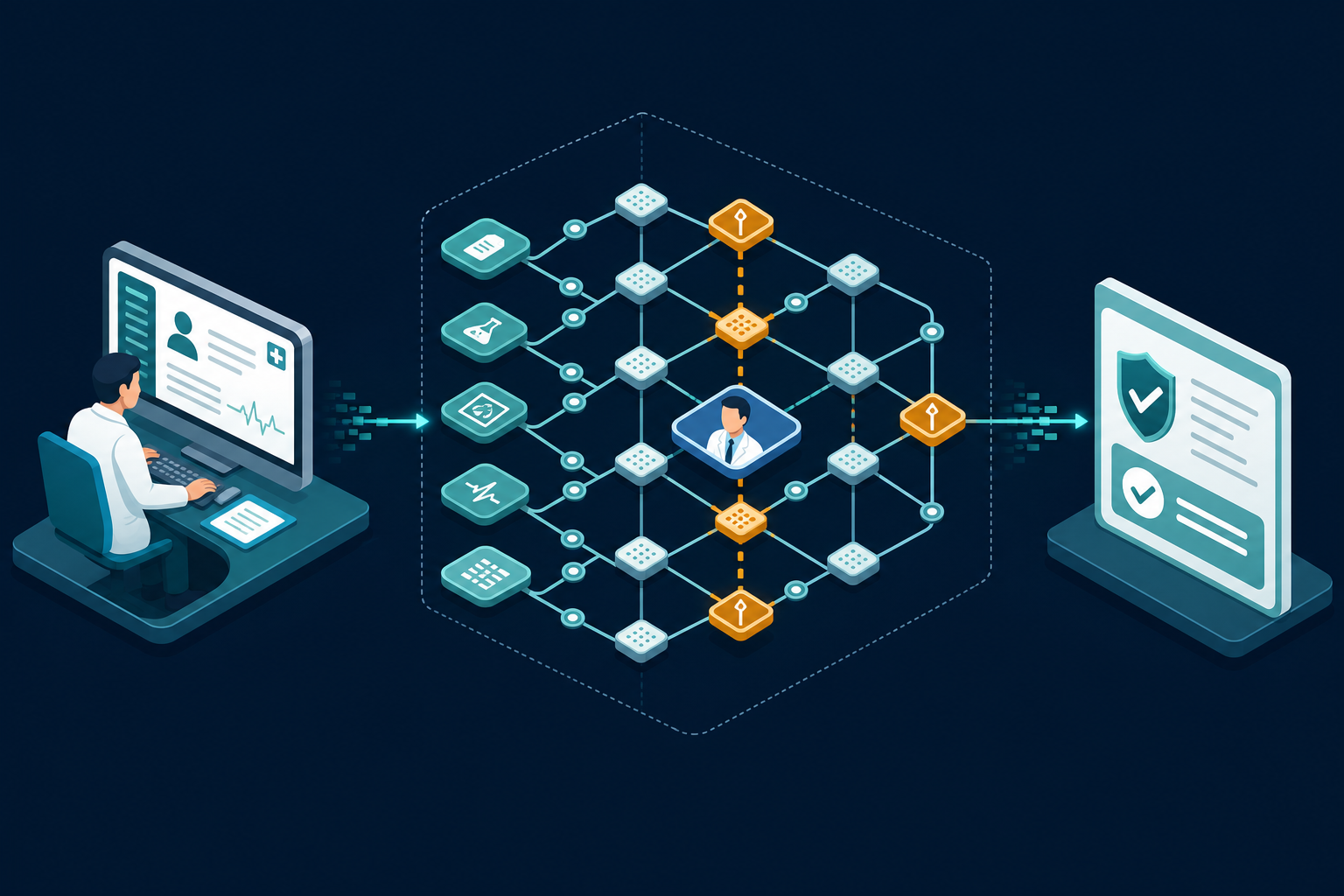 Isometric workflow diagram showing a prior authorization request flowing from a provider workstation through an AI processing layer with a physician review node to a health plan approval output.