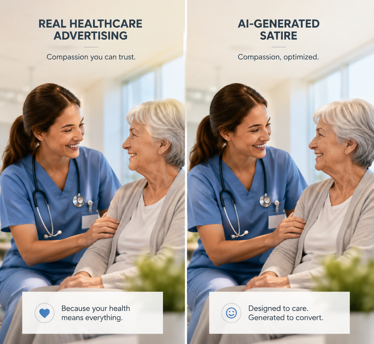 Two nearly identical glossy clinic scenes showing how sincere healthcare advertising and AI-generated parody can become visually difficult to distinguish