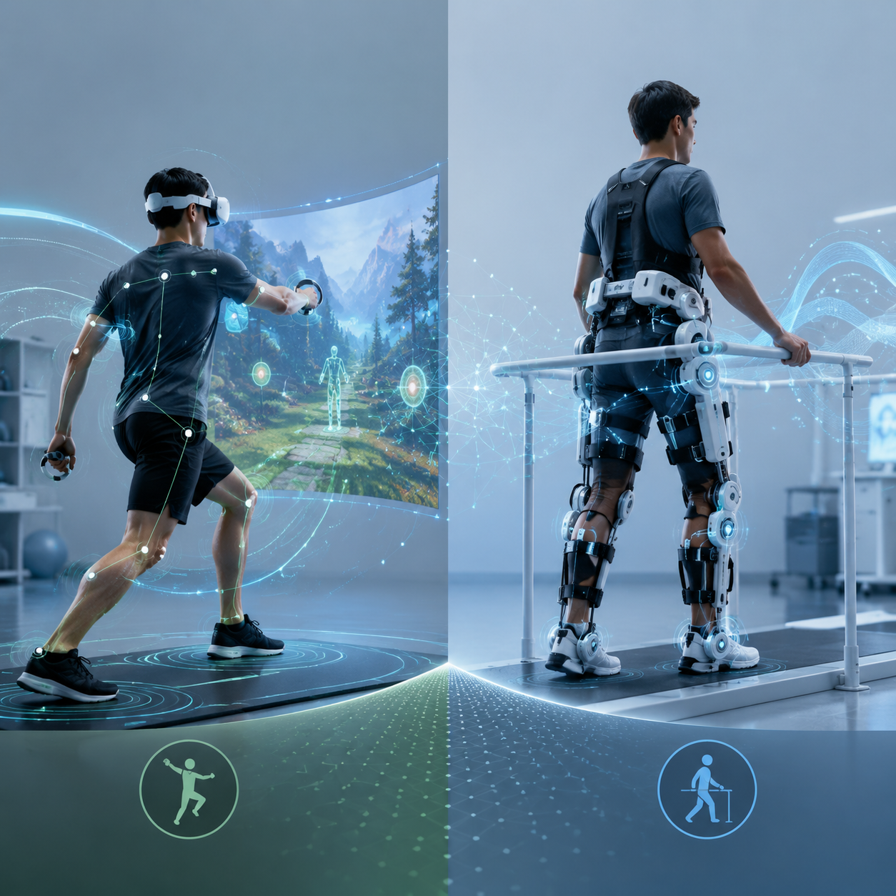 Side-by-side exergaming and robotic exoskeleton rehabilitation illustration