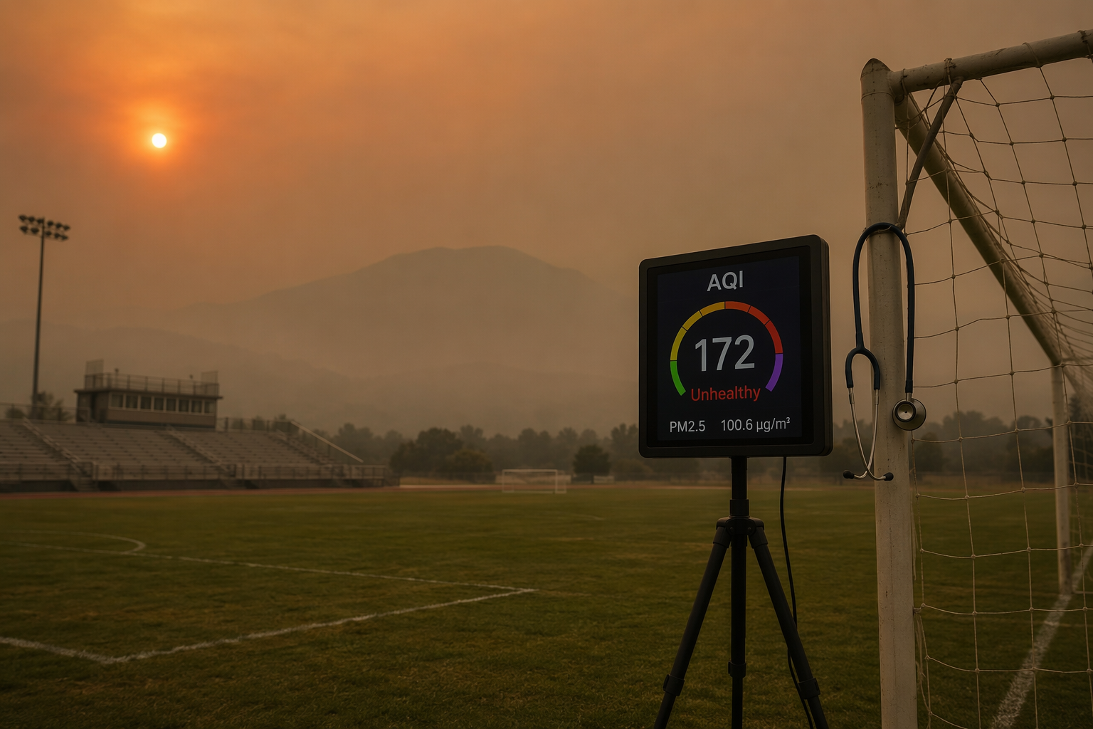 Empty outdoor sports field under wildfire smoke haze with a sideline AQI monitor and stethoscope