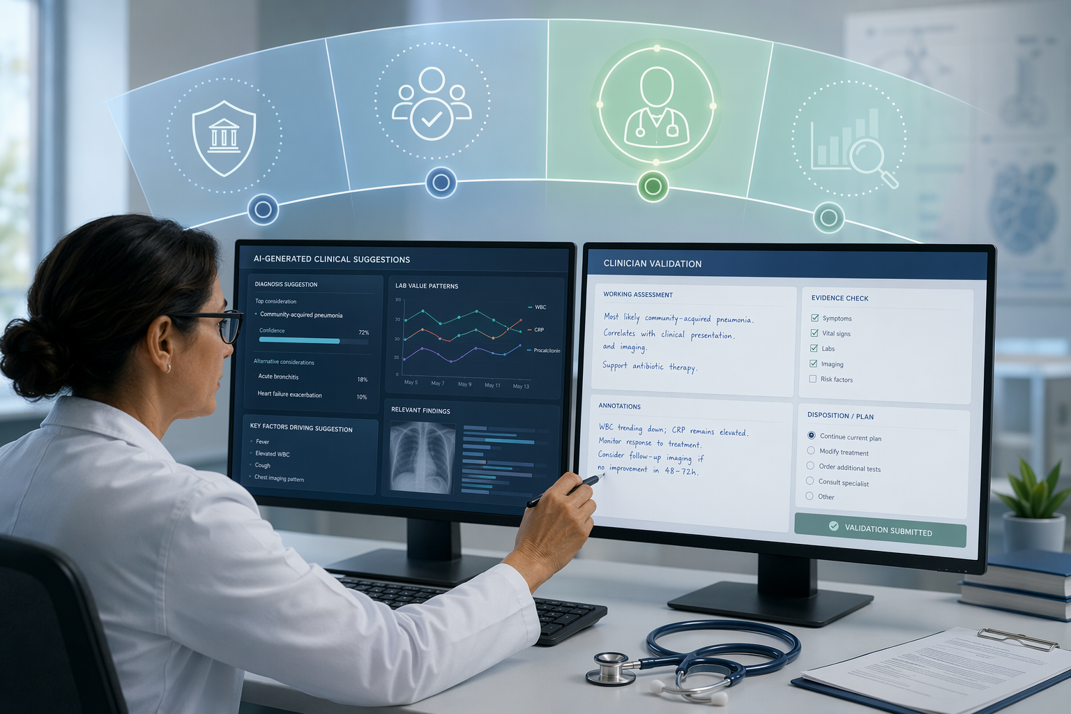 Physician at a clinical workstation cross-checking AI-generated suggestions with governance indicators above the workspace