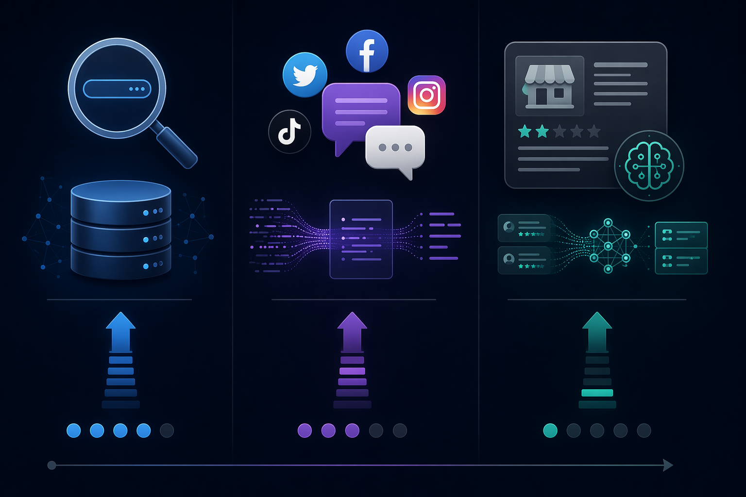Three-column comparison chart showing search-query classifiers, social media NLP models, and LLM-based review analysis with different maturity levels