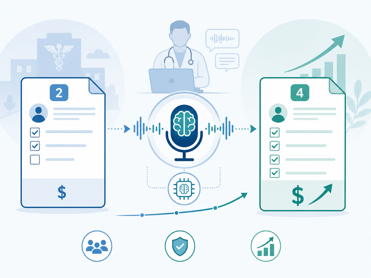 Editorial illustration showing a simple Level 2 document on the left, an AI scribe processing it in the center, and a Level 4 document with a larger dollar sign on the right.