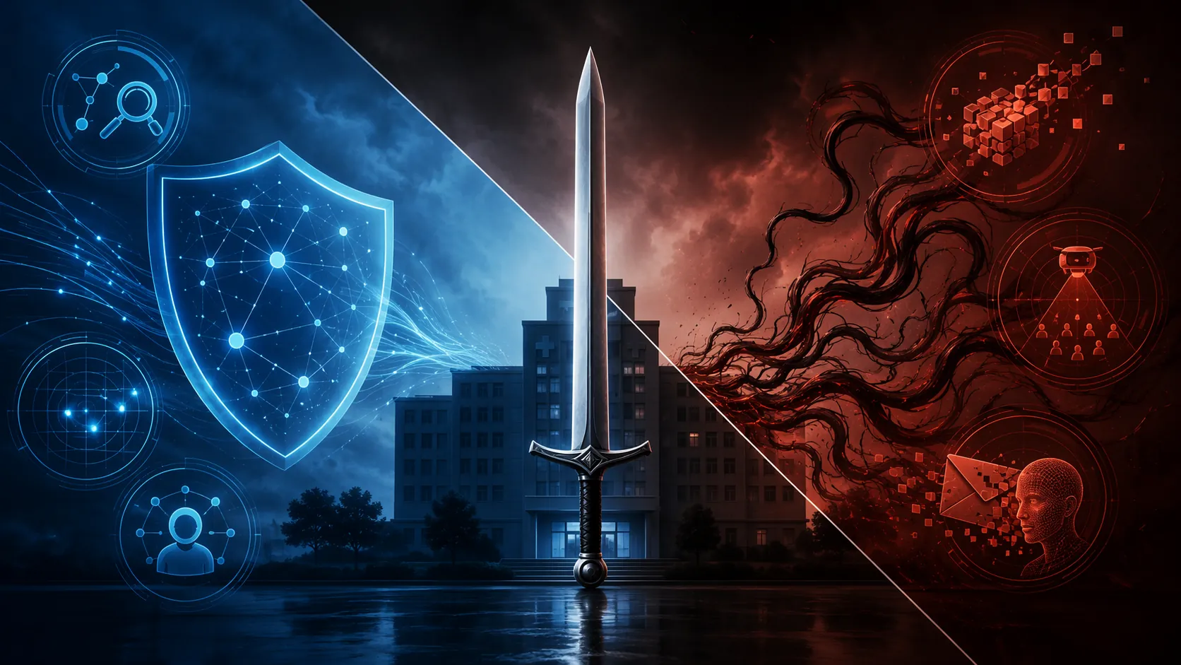 Hospital silhouette divided between blue defensive AI symbols and red attacker AI symbols