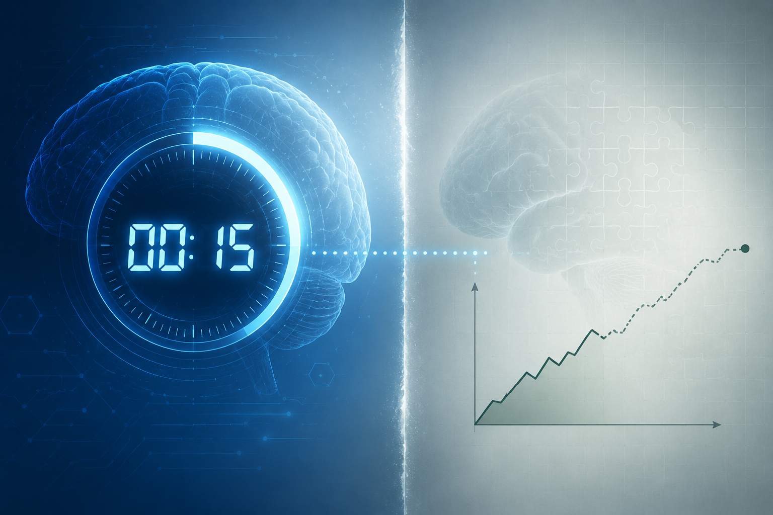 Digital timer and brain silhouette contrasted with an uncertain recovery chart