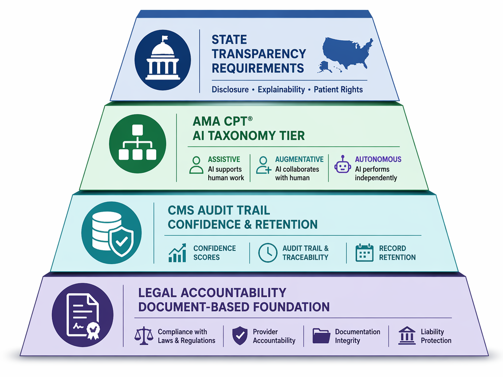 Layered compliance stack for AI medical coding with legal accountability, audit trail, CPT taxonomy, and state transparency layers