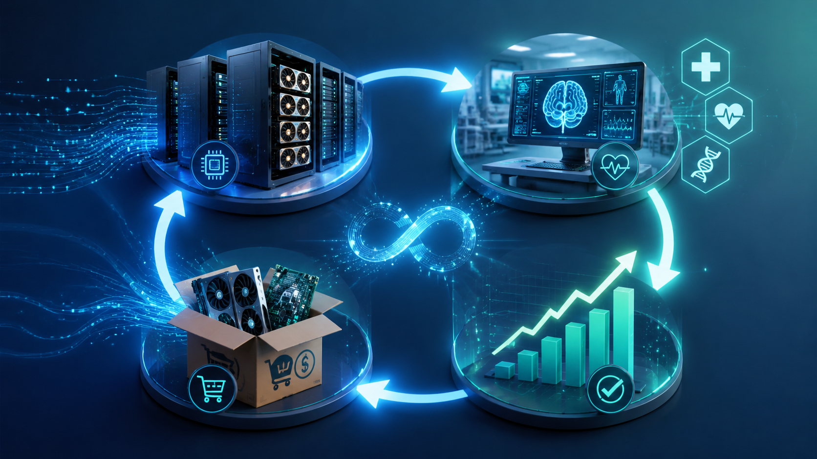 Circular cycle connecting GPU infrastructure, clinical AI deployment, ROI metrics, and procurement investment